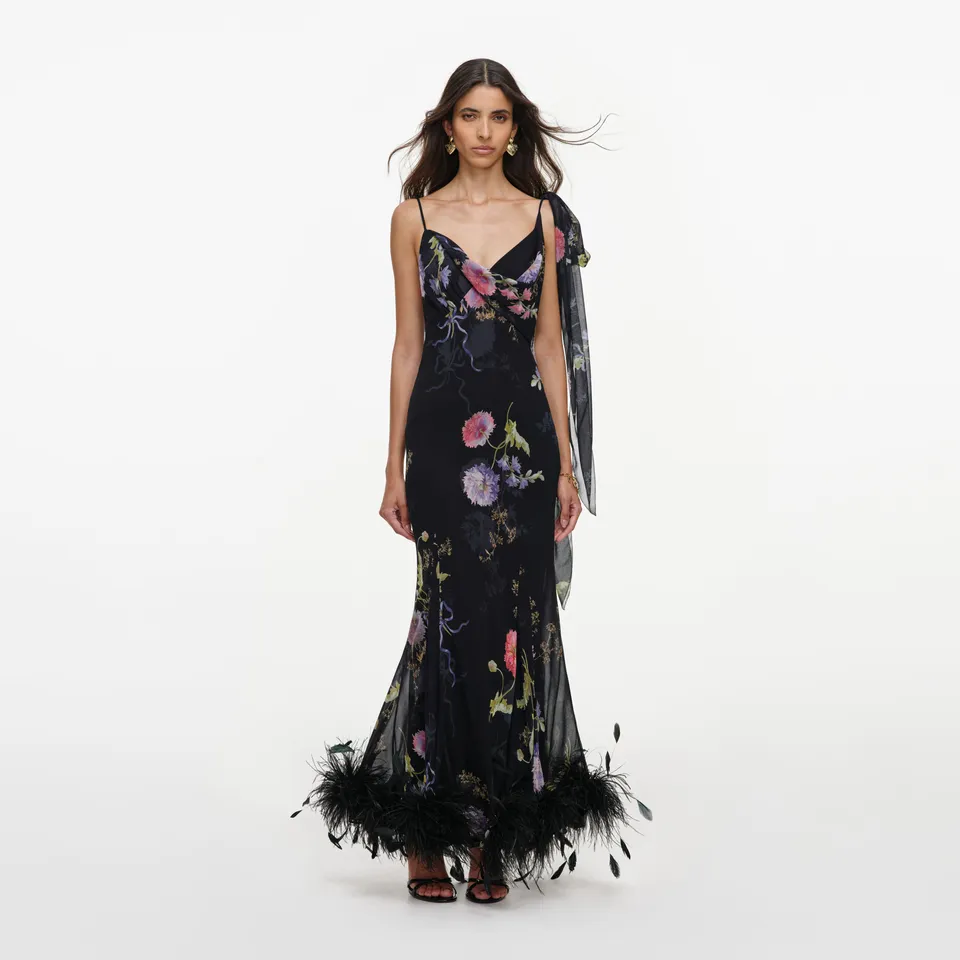 Self Portrait Dresses Black Floral Georgette Feather Maxikleid Schwarz