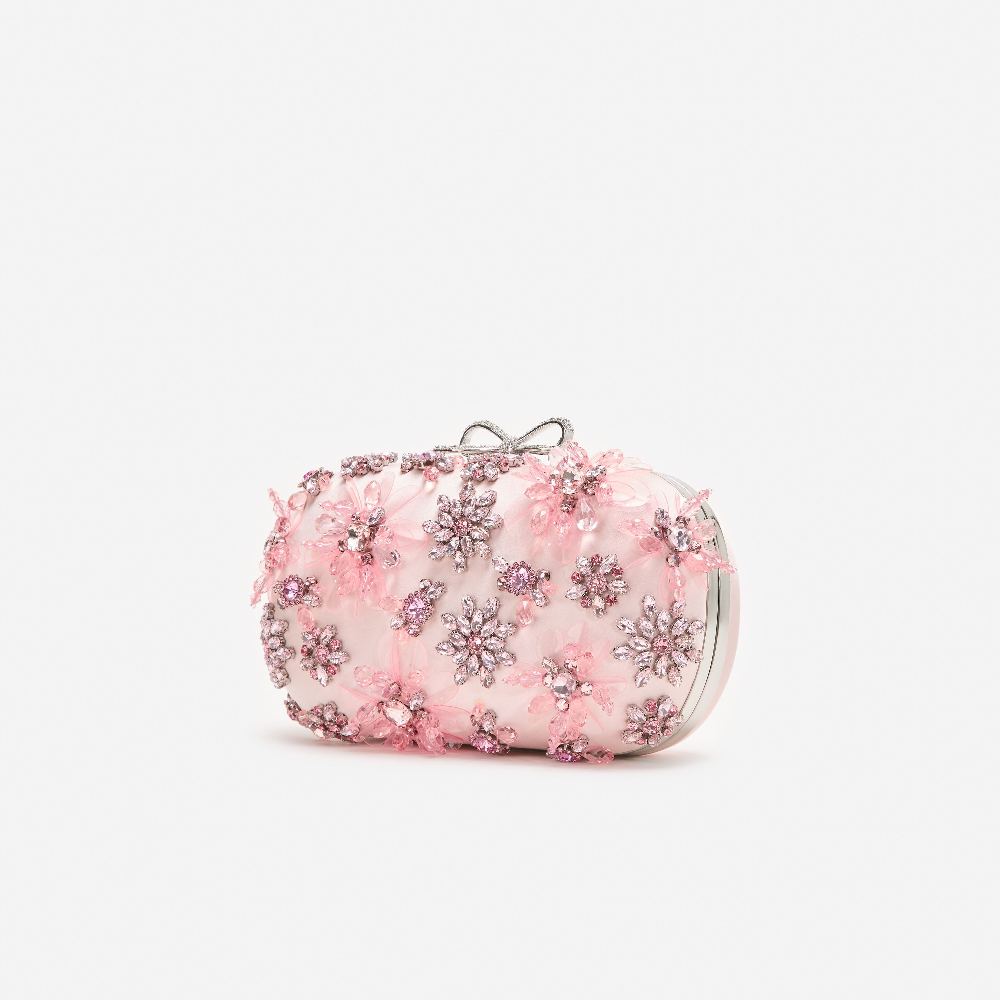 Self Portrait Pink Satin Floral Crystal Clutch Rosa