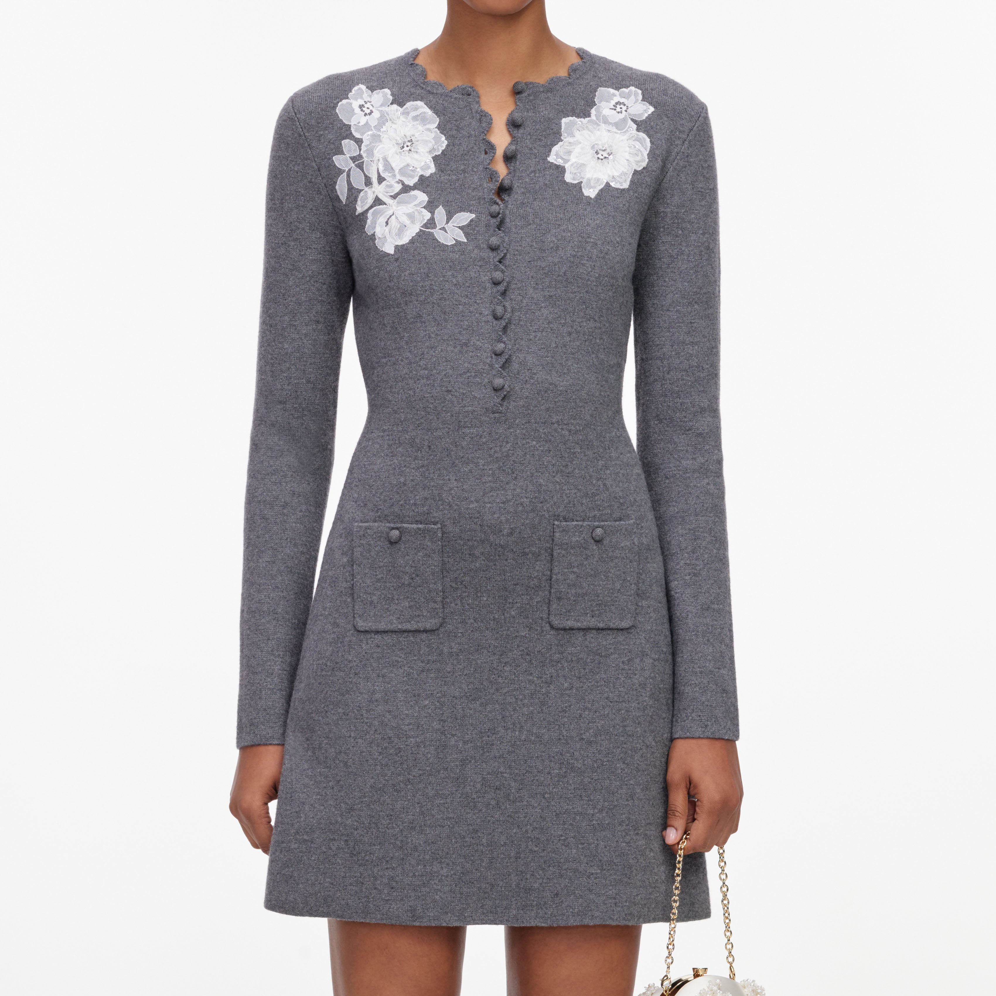 Self Portrait Grey Lace Flower Knit Mini Dress Strickkleid XS-L