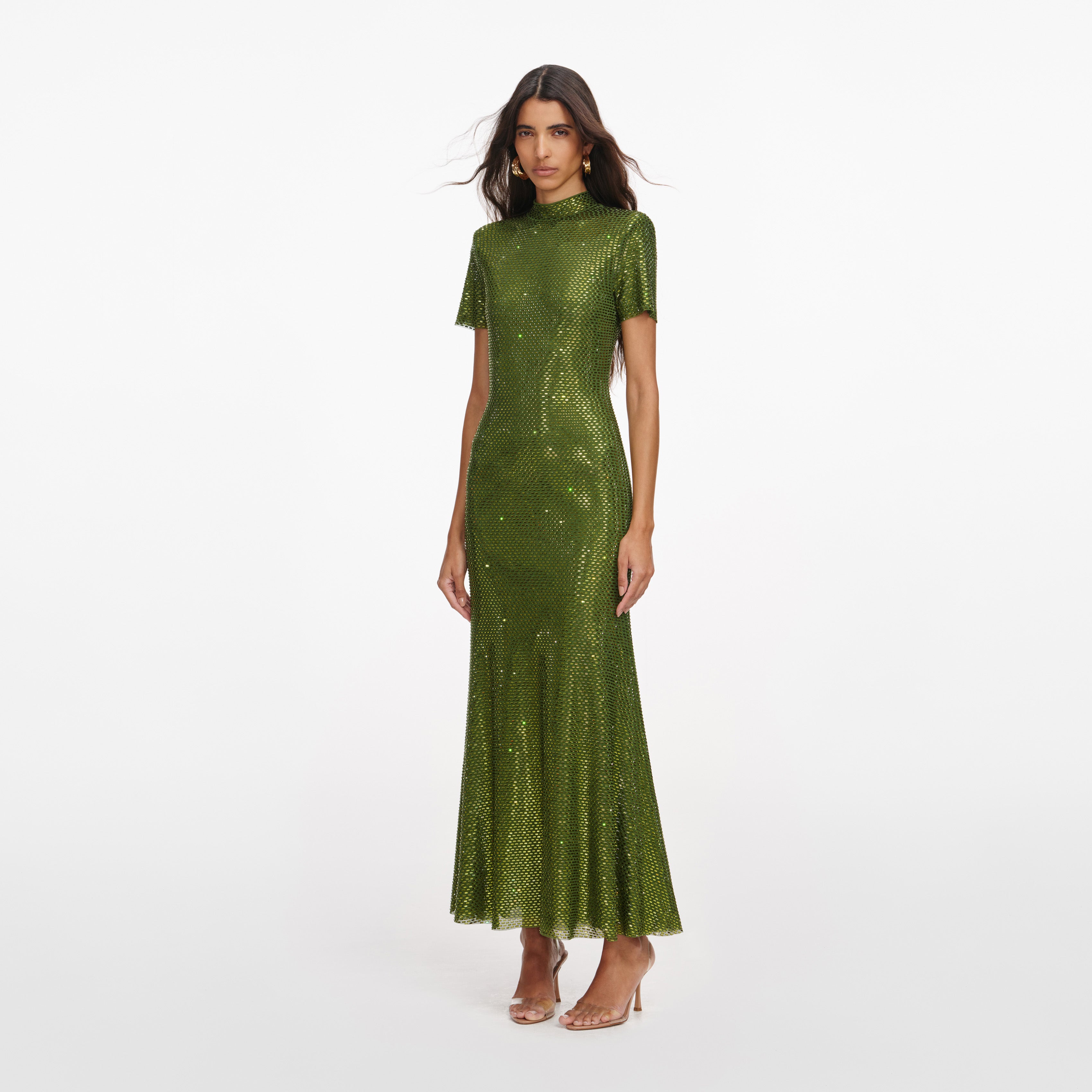 Self Portrait Olive Rhinestone Mesh Midikleid Grün Strass UK 4-16