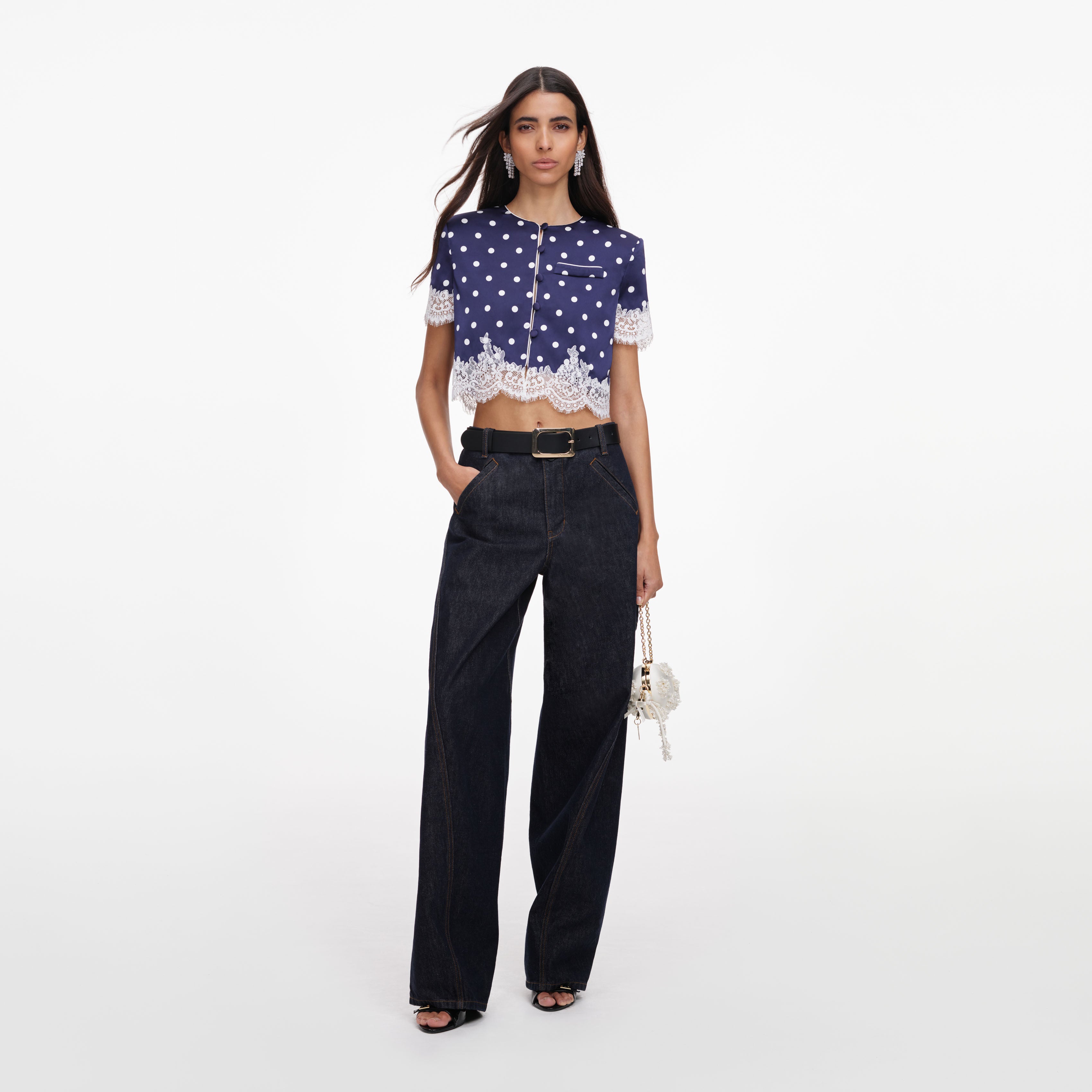 Self Portrait Navy Polka Dot Satin Top blau UK 8