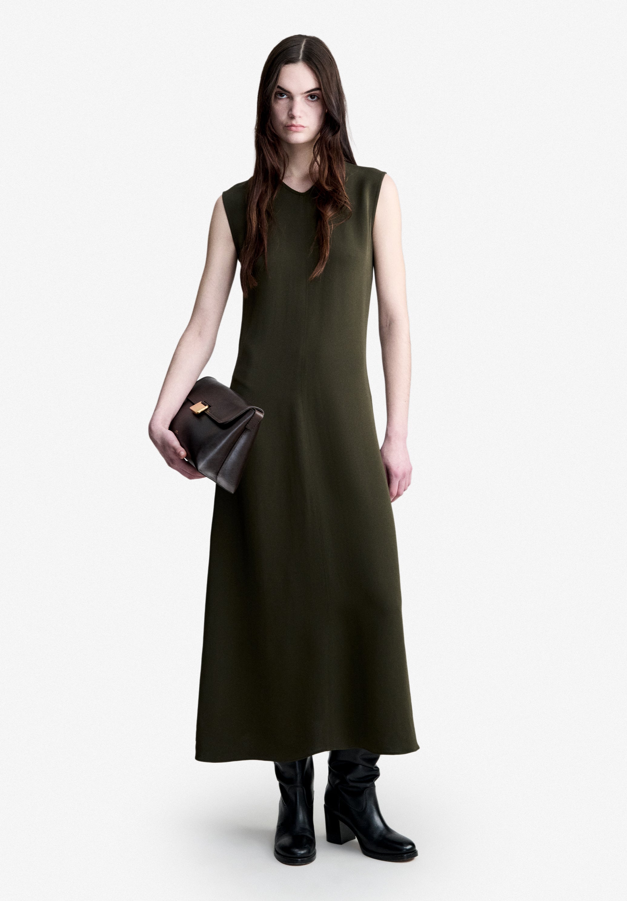 A.P.C. Fließendes Kleid dunkelgrün knöchellang V-Ausschnitt