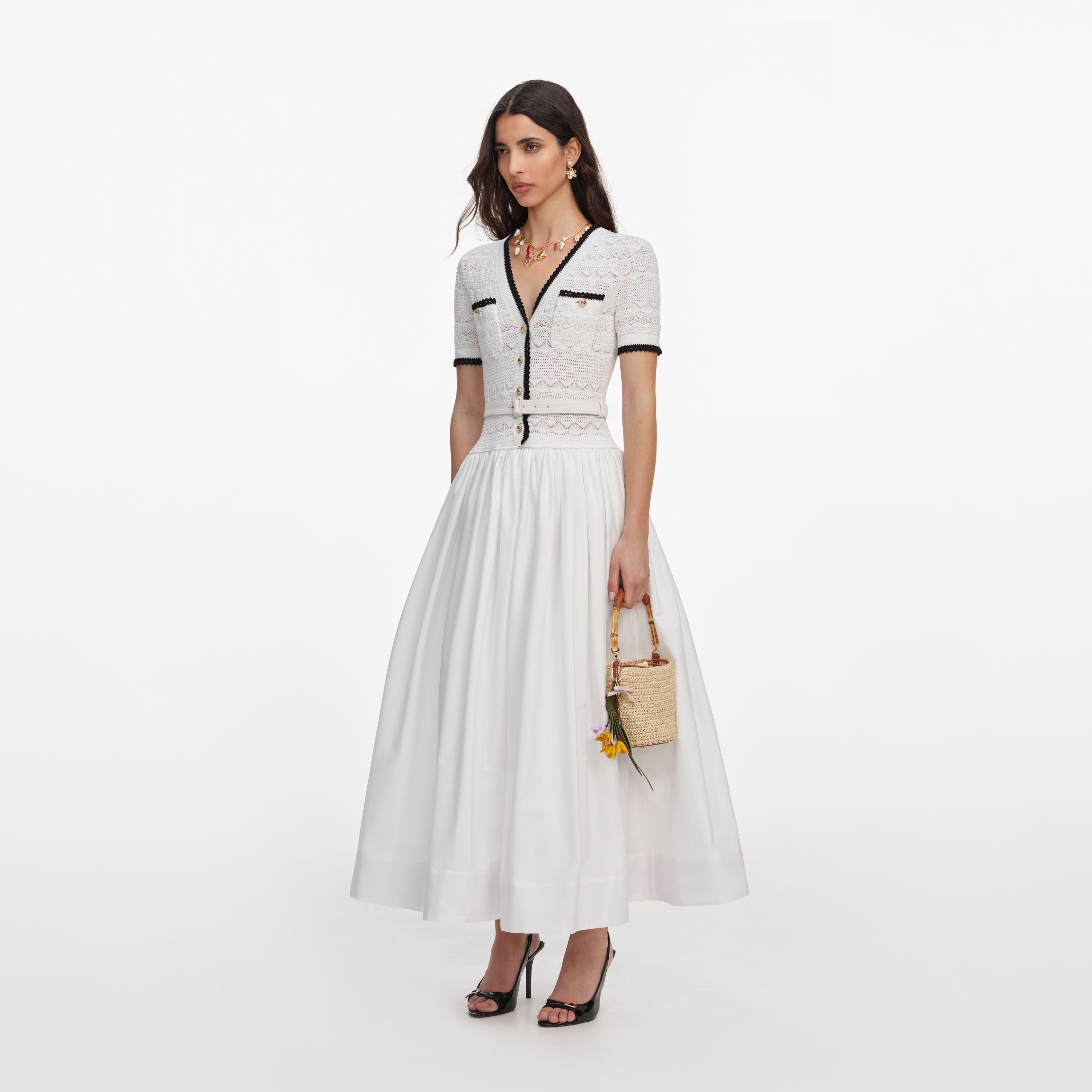 Self Portrait White Knit Linen Midi Kleid Weiß mit Gürtel