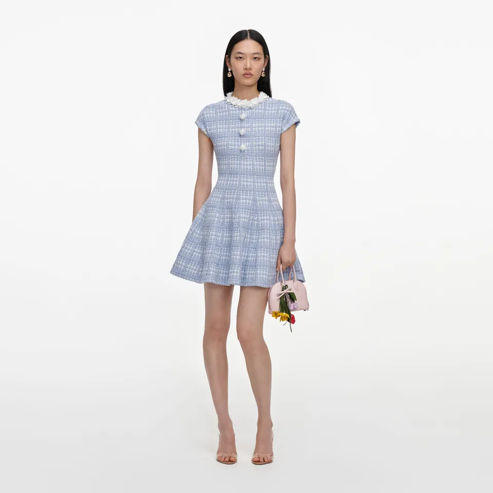 Self Portrait Blue Check Knit Minikleid Blau XS-L Perlen Taschen