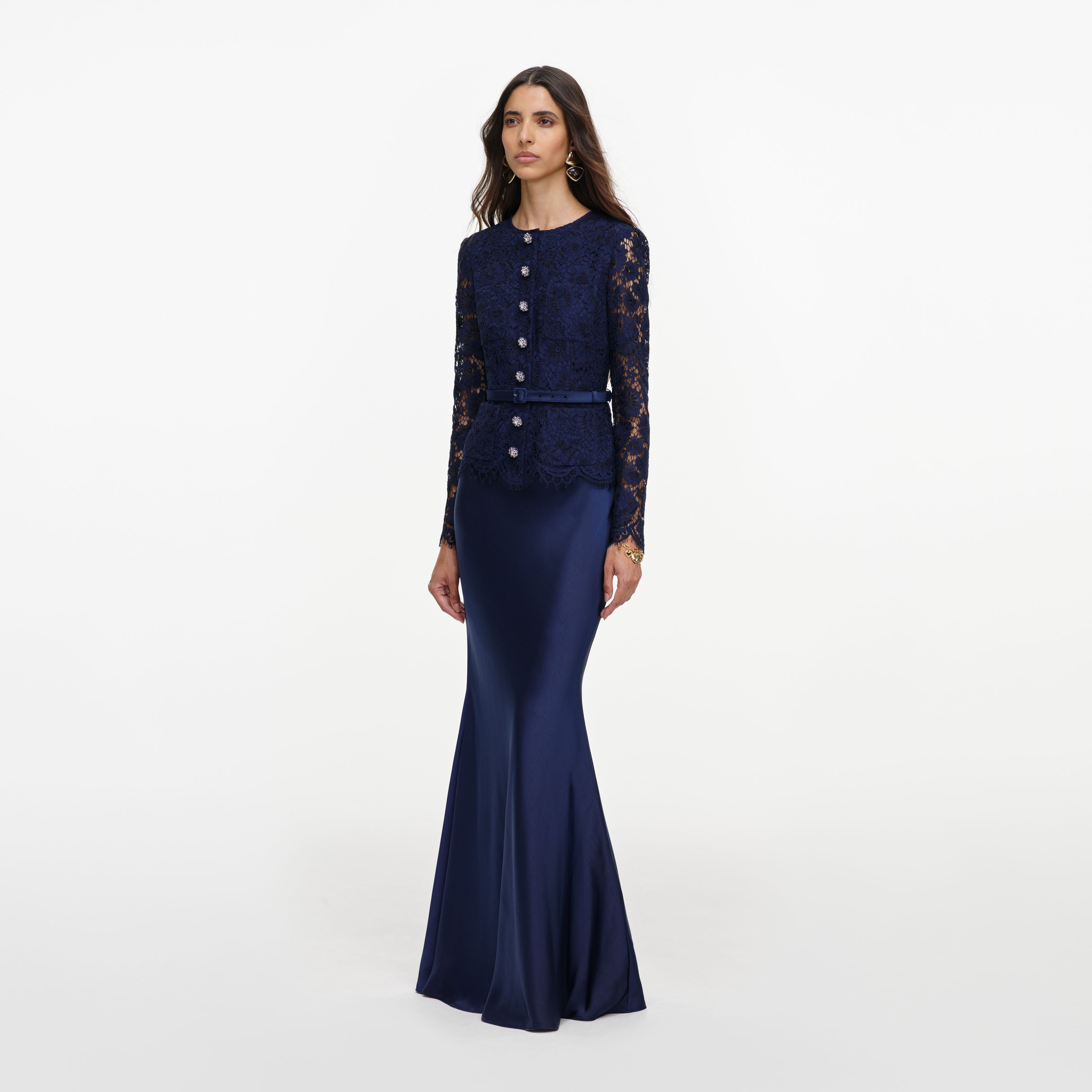Self Portrait Navy Tailored Lace Satin Maxi Dress Kleid Blau