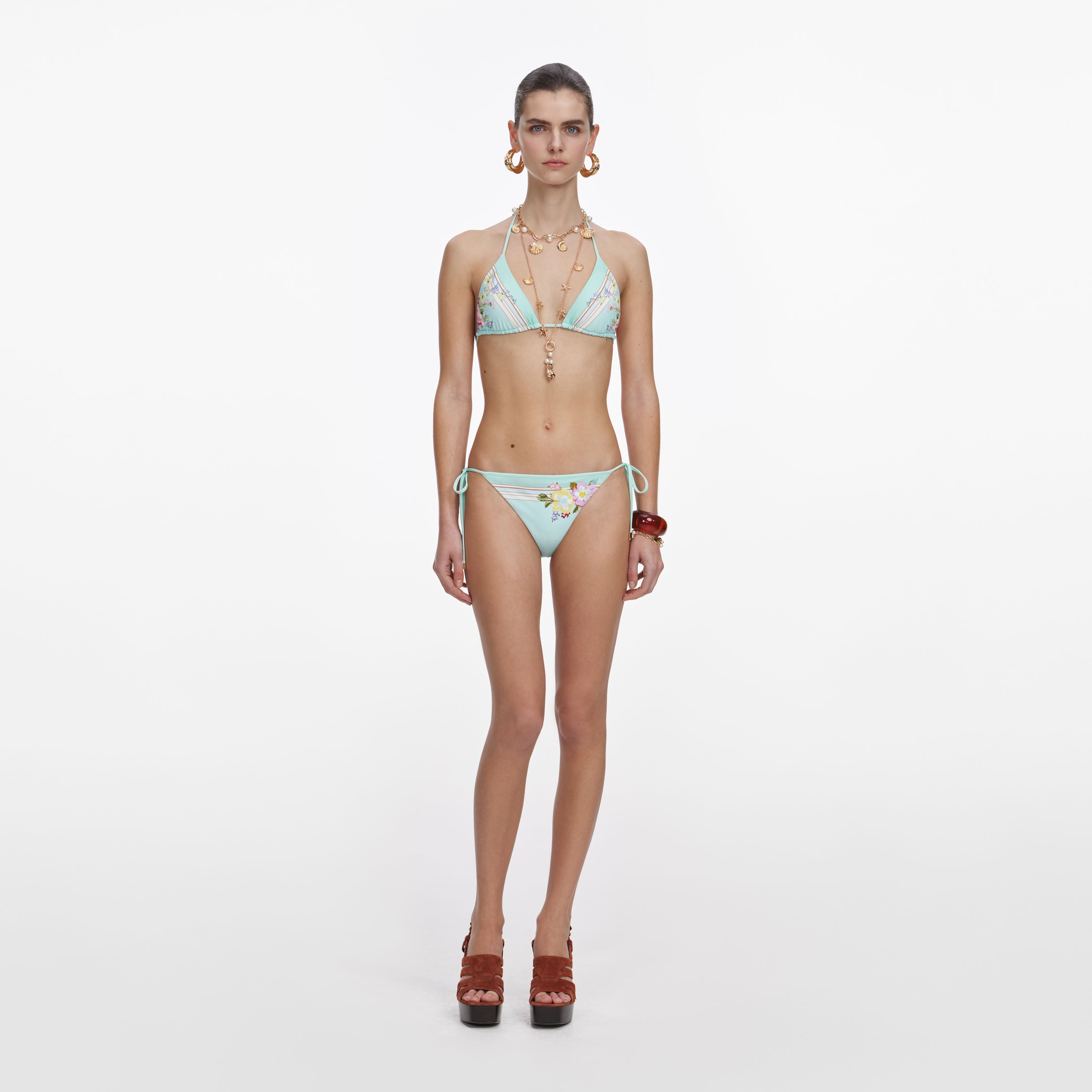 Self Portrait Mint Floral Bikinihose Grün High-Cut