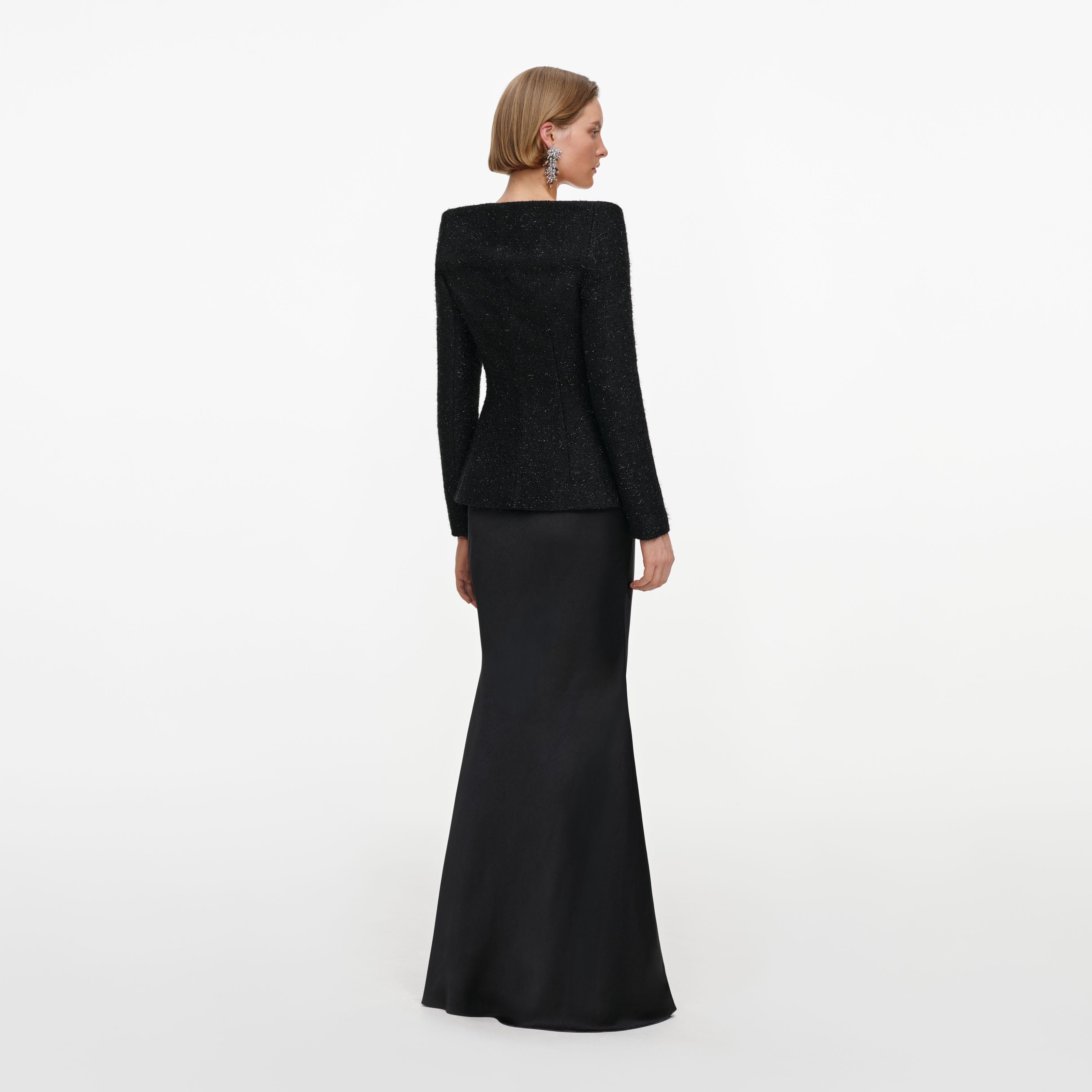 Self-Portrait Black Metallic Boucle Maxikleid Schwarz Satin