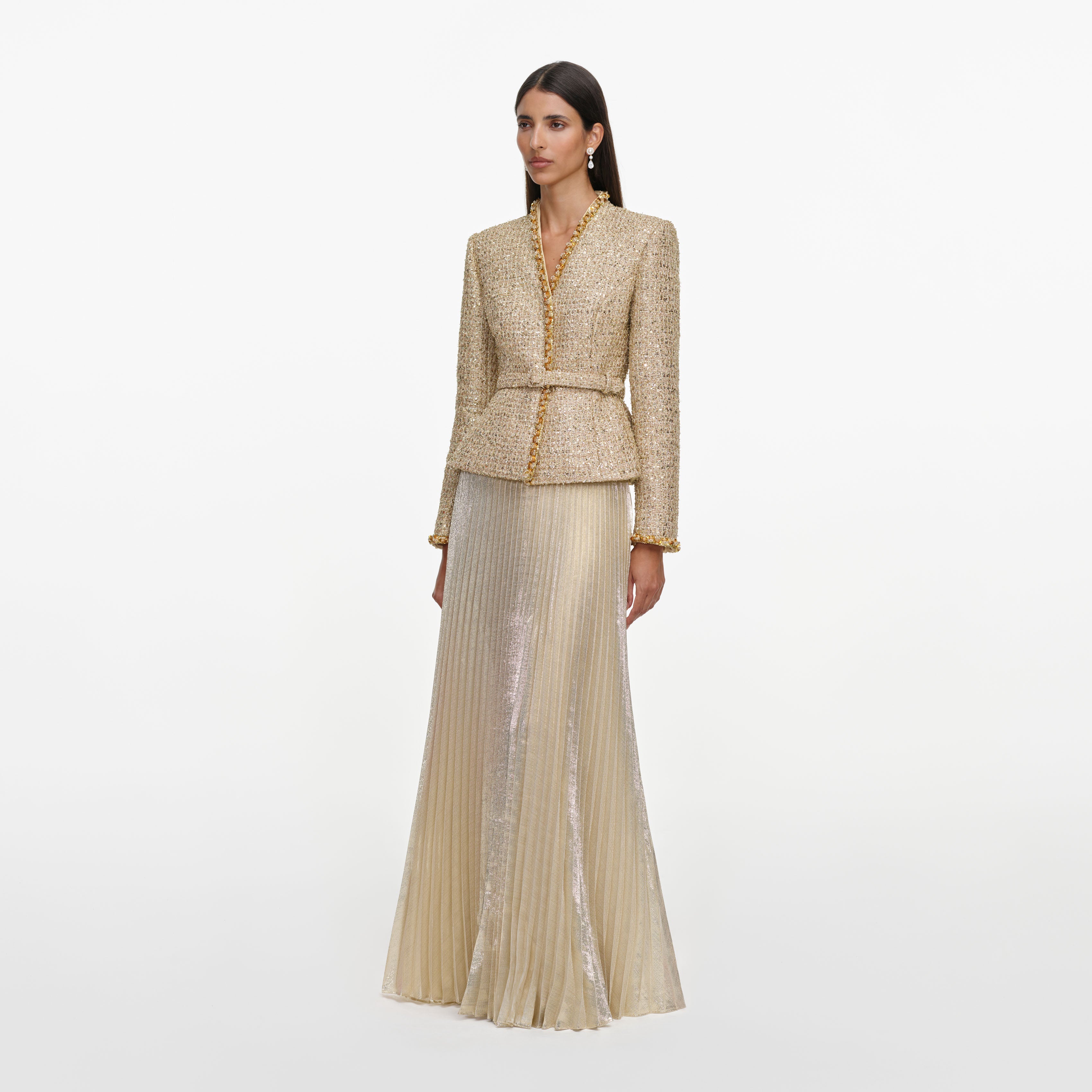 Self Portrait Boucle Maxikleid Gold Plissiert 2-in-1