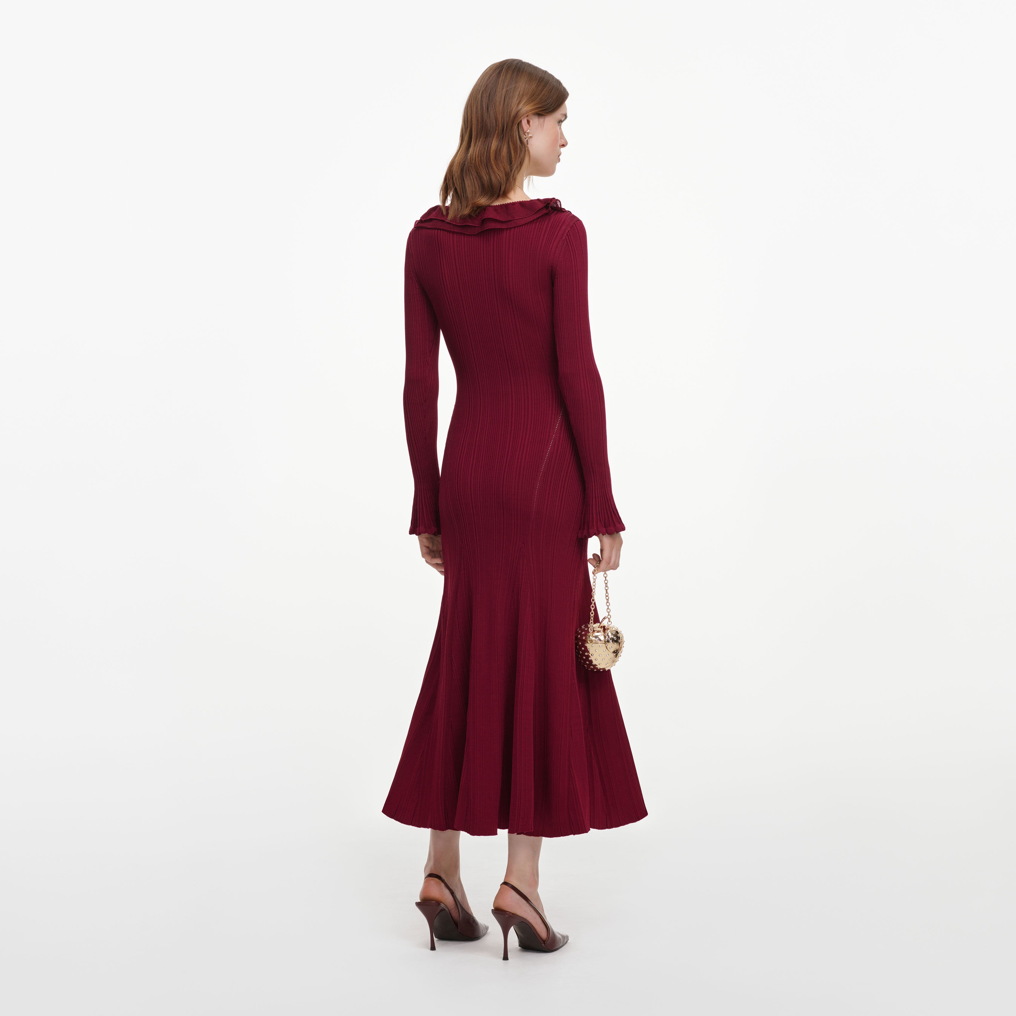 Self Portrait Burgundy Ruffle Knit Midi Dress Midikleid M