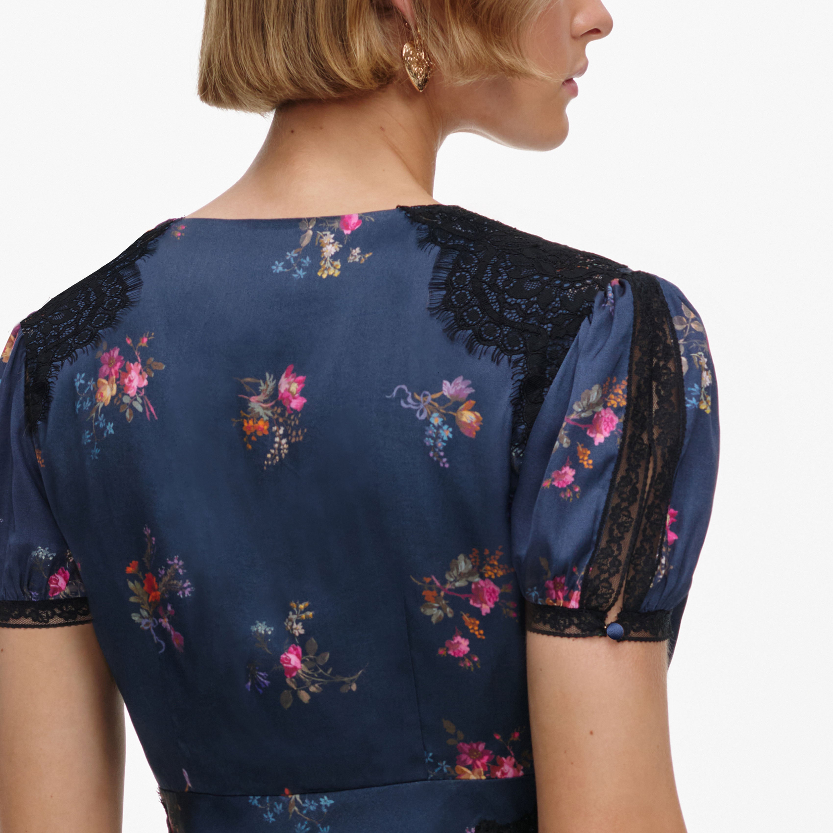 Self Portrait Tops Satin Top Navy Floral Spitze