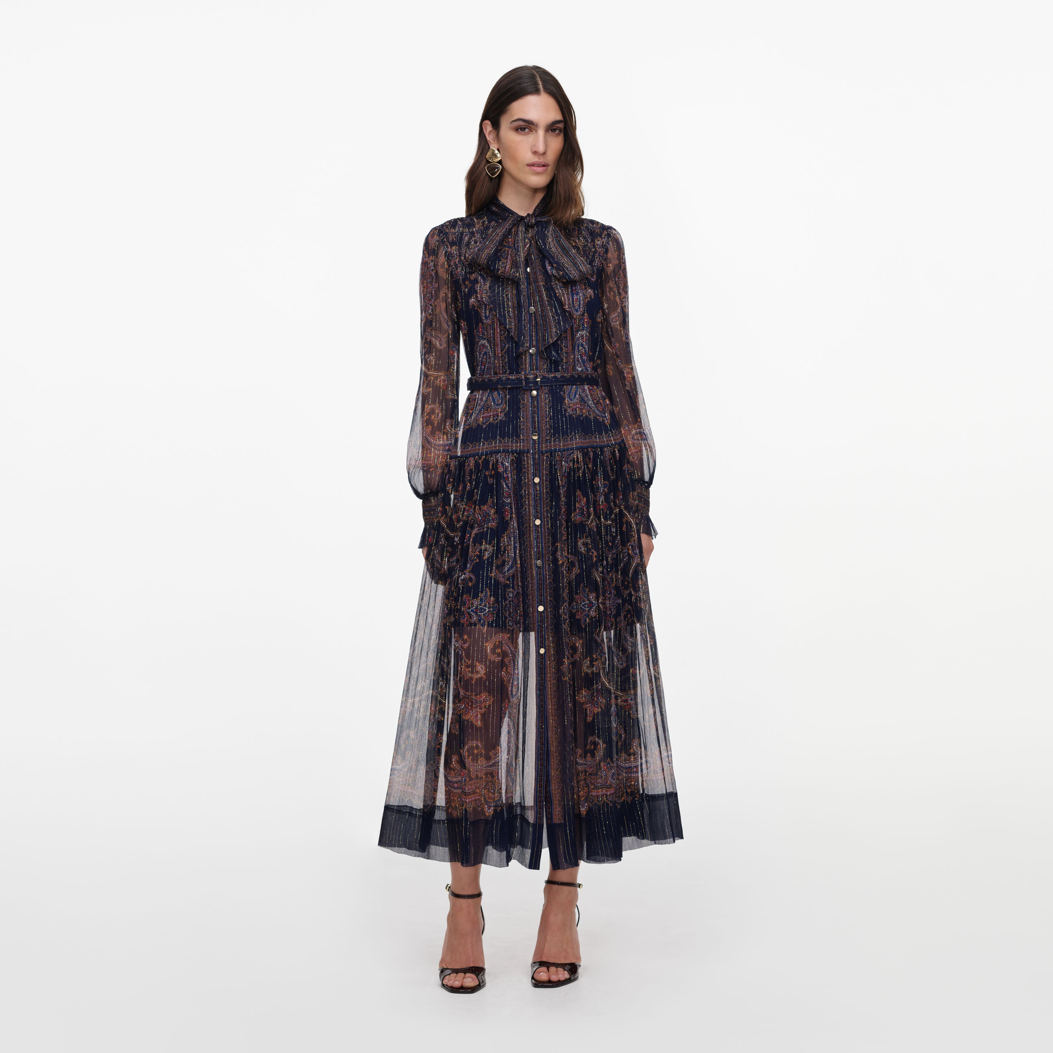 Self Portrait Navy Printed Georgette Midi Kleid UK 8 Blau