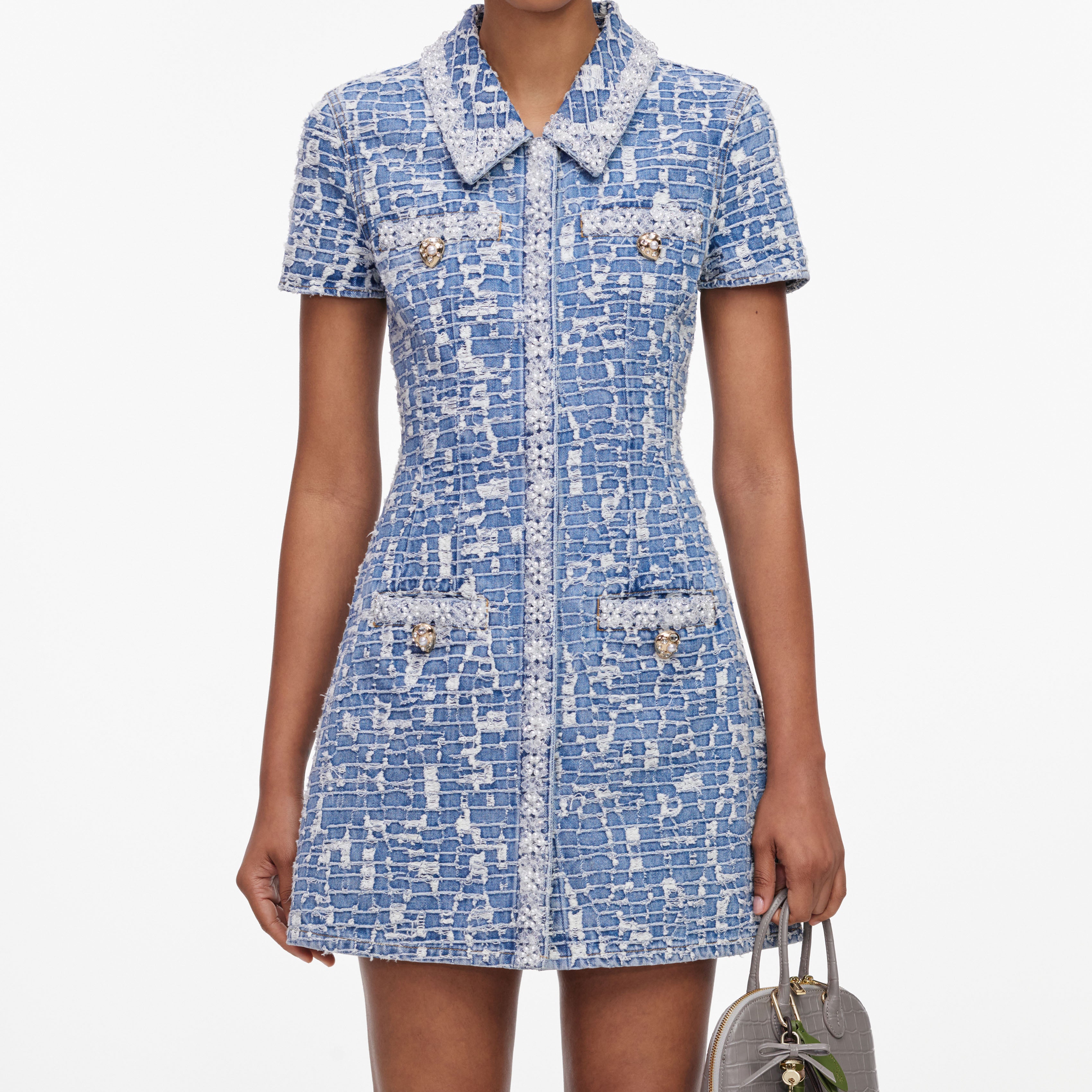 Self Portrait Denim Mini Kleid Blau Kragen Perlen