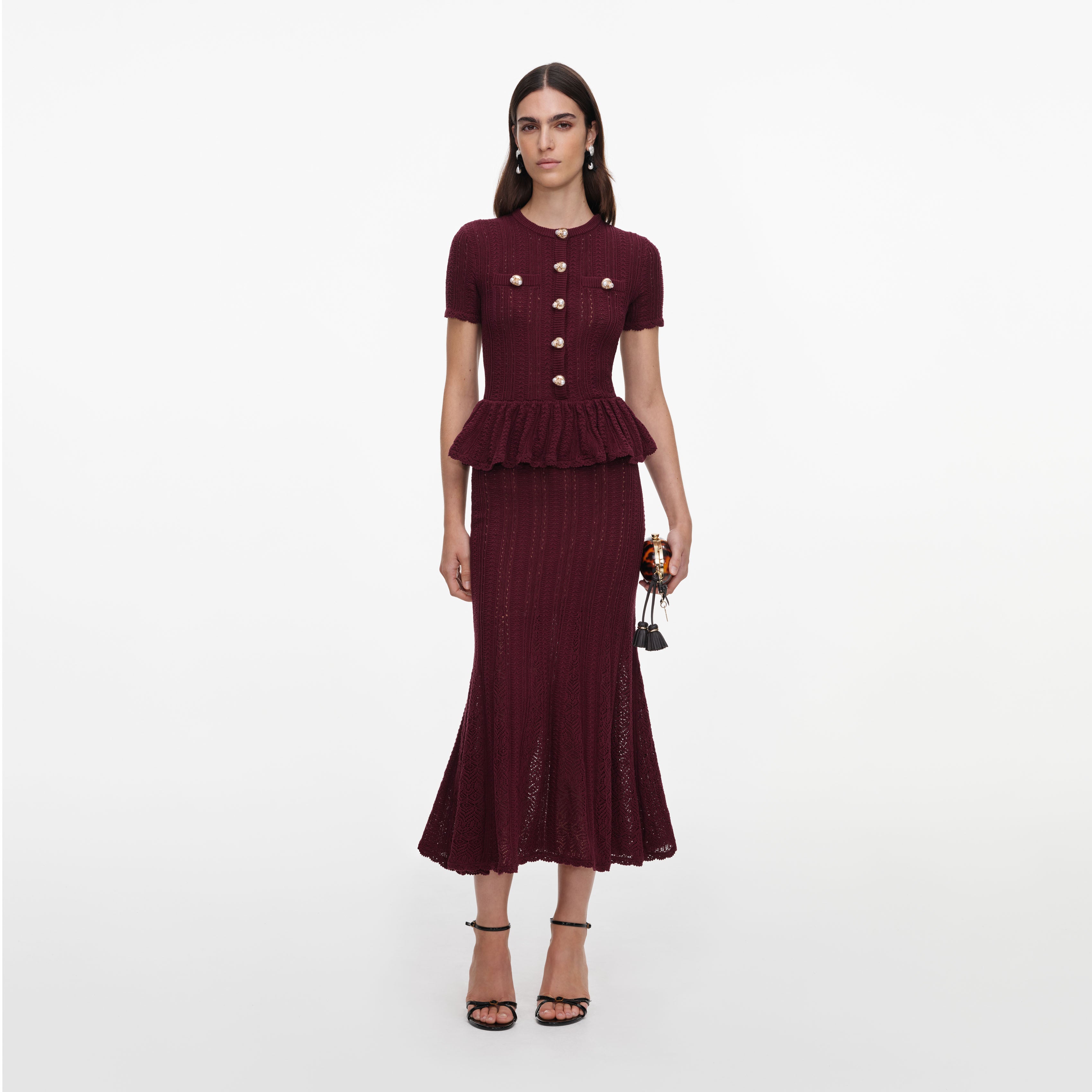 Self Portrait Burgundy Pointelle Midikleid Bordeaux Strick