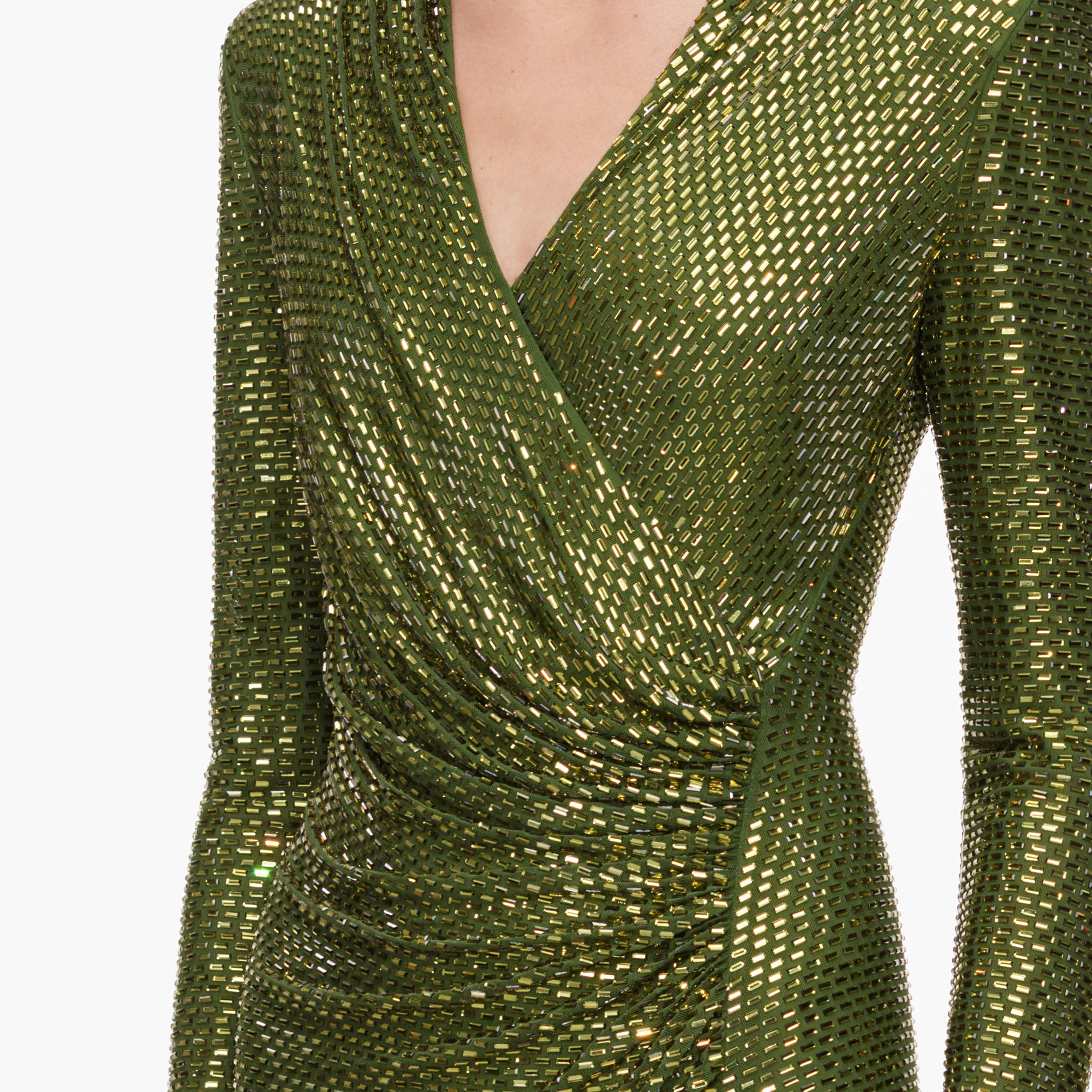Self Portrait Olive Rhinestone Wrap Midikleid Grün UK 10 Strass