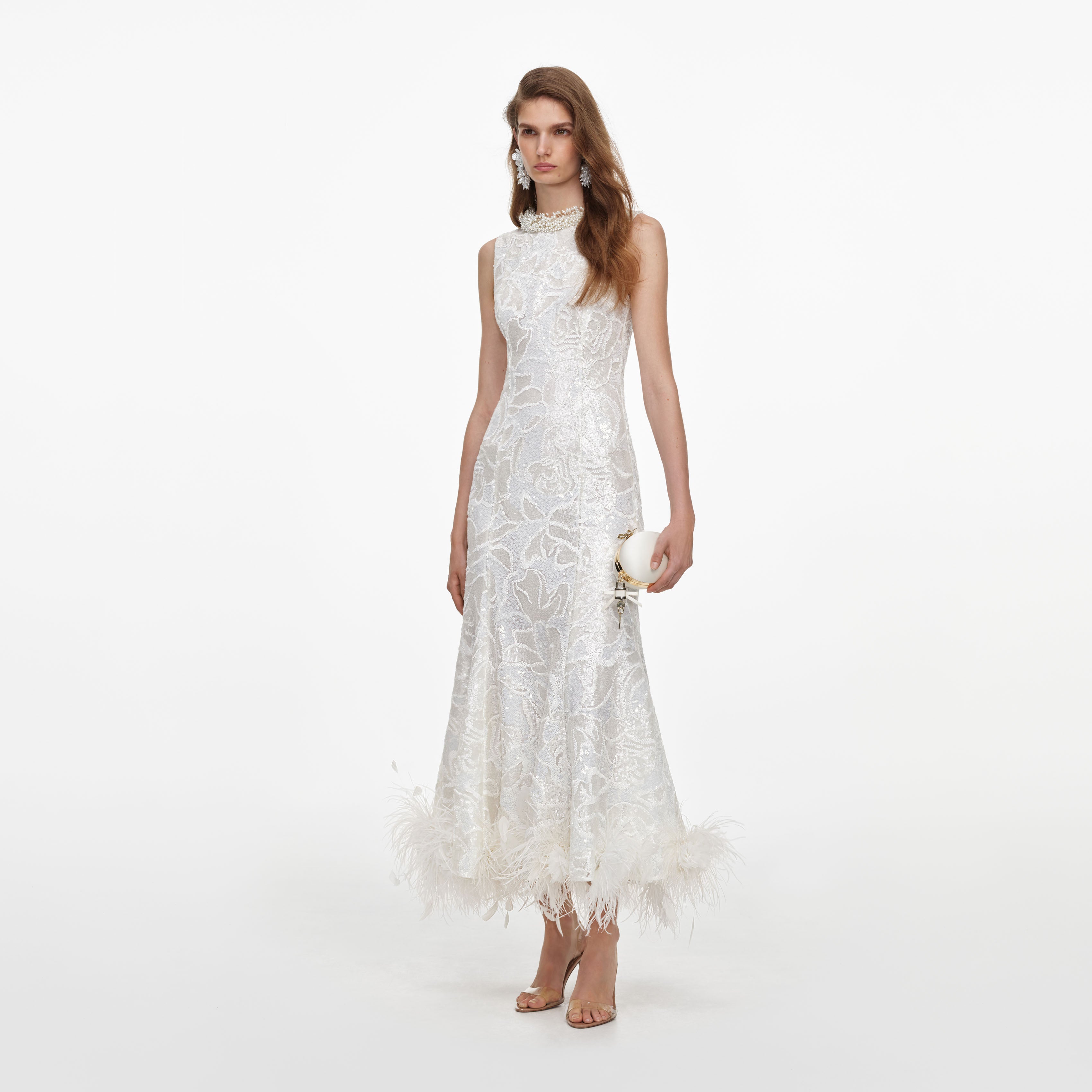 Self Portrait Sequin Lace Midi Kleid Weiß Federn