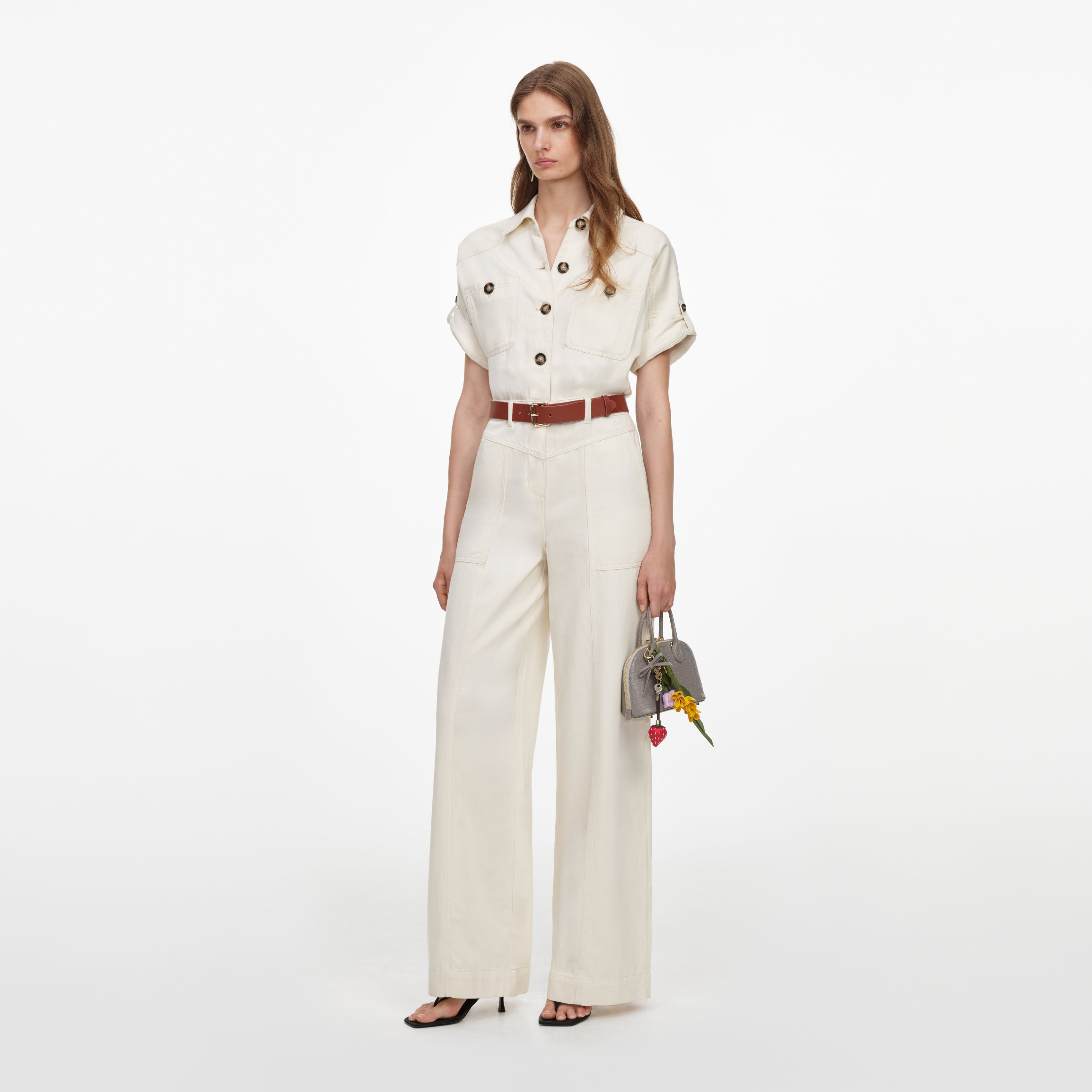 Self Portrait Denim Jumpsuit creme Kurzarm