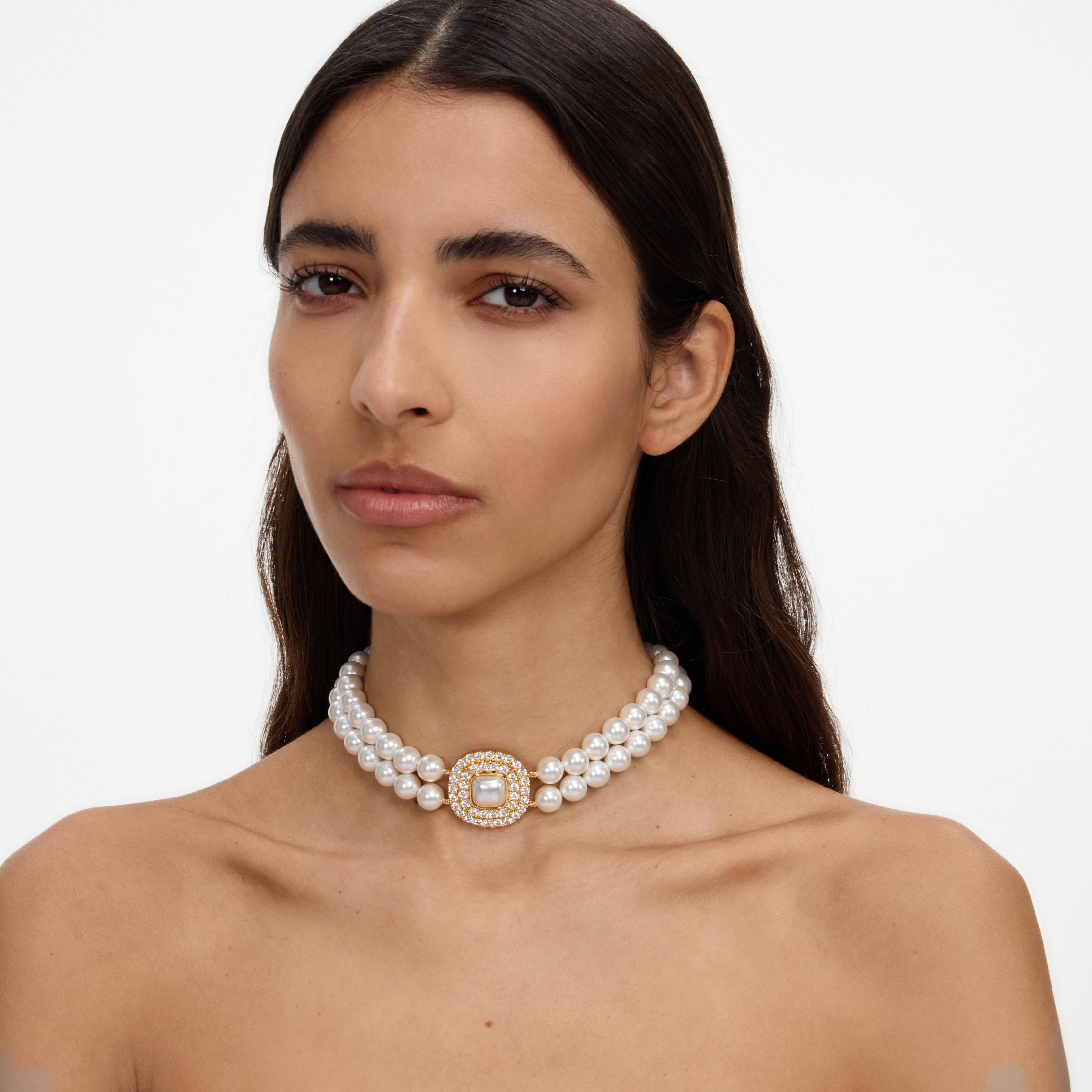 Self Portrait Gold Crystal Pearl Choker Kette One Size Creme