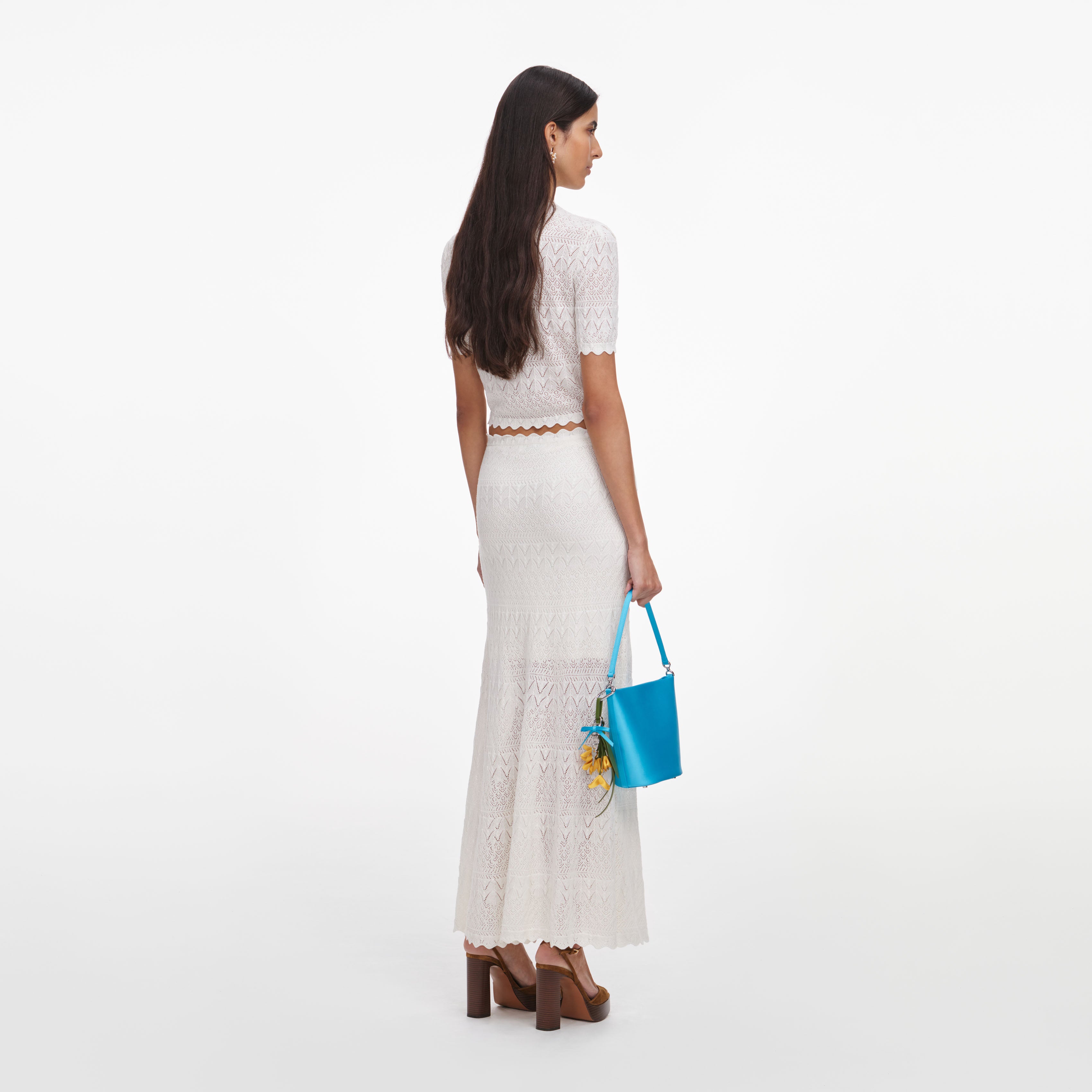Self Portrait White Pointelle Knit Midi Rock Weiß S Strick