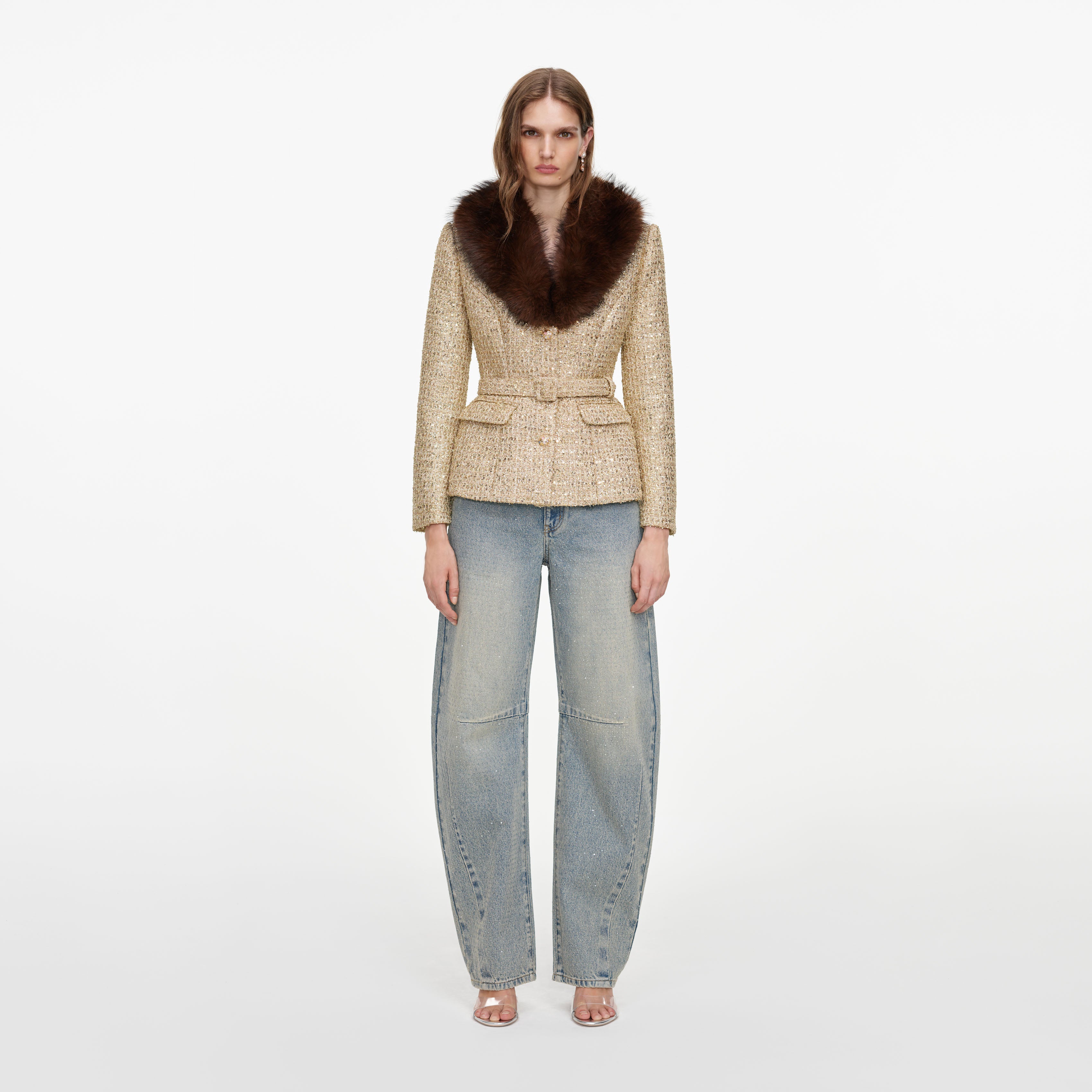 Self Portrait Gold Sequin Boucle Jacke Gold
