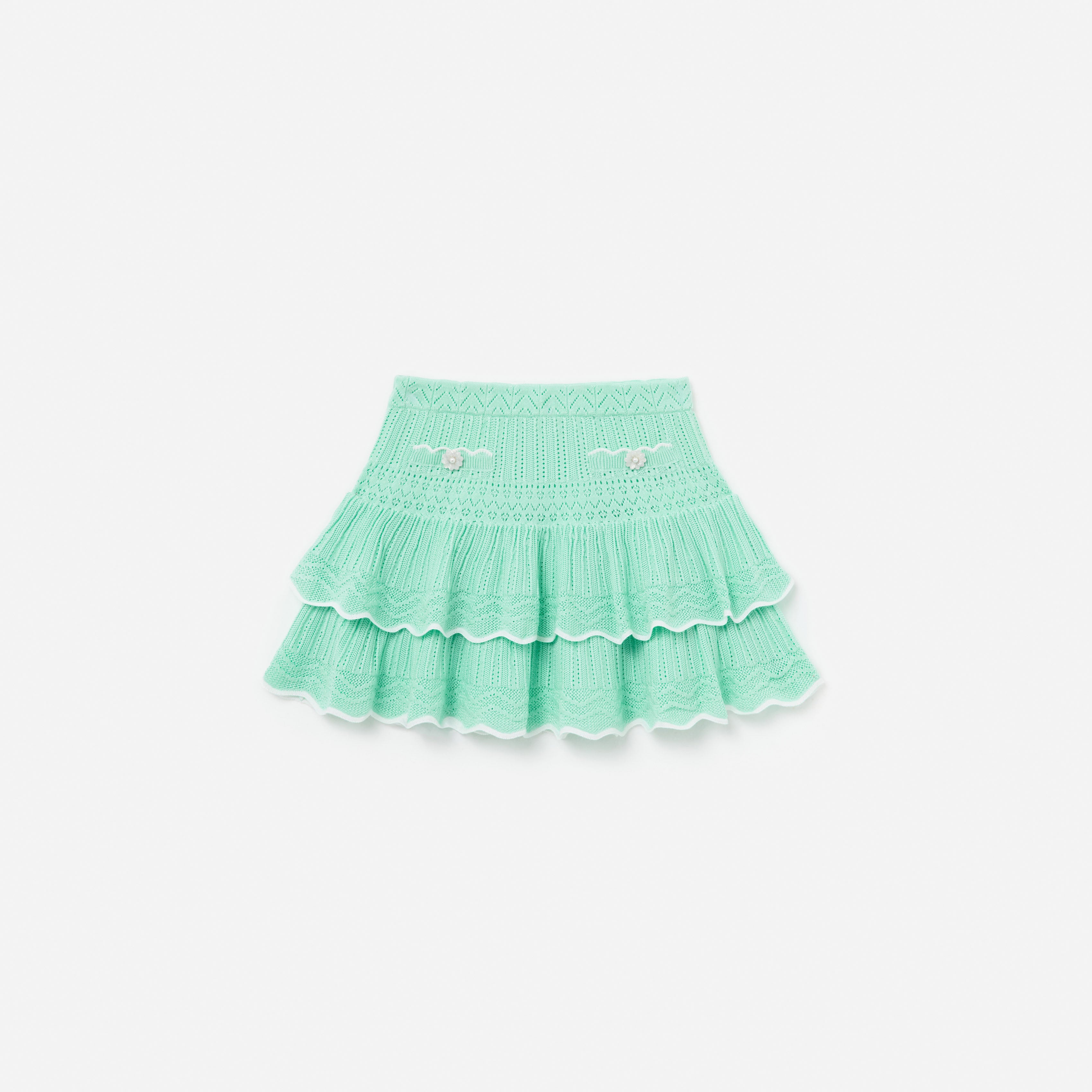 Self Portrait Mint Pointelle Knit Tiered Skirt Strickrock Mint Grün