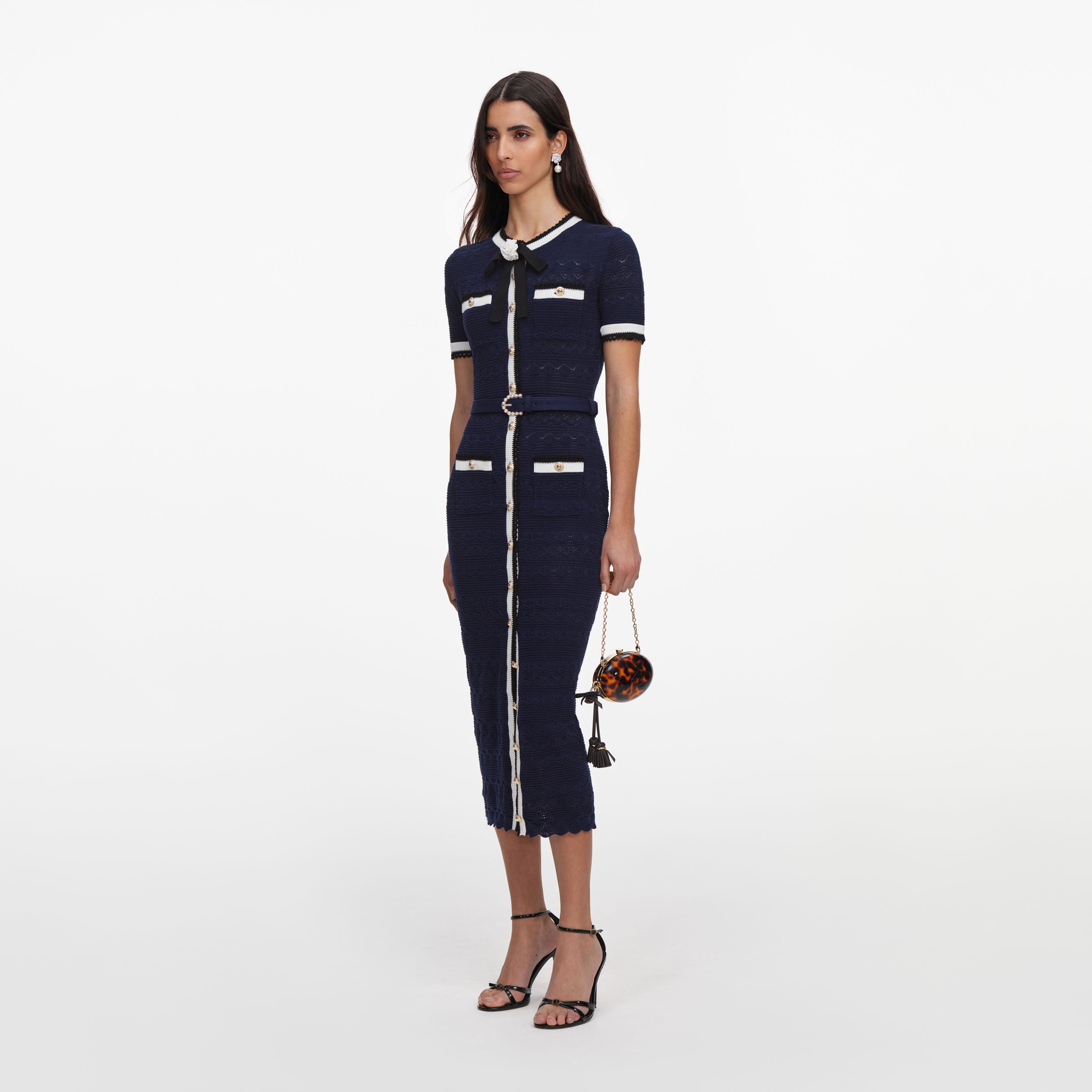 Self Portrait Navy Pointelle Knit Midi Kleid mit Schleife