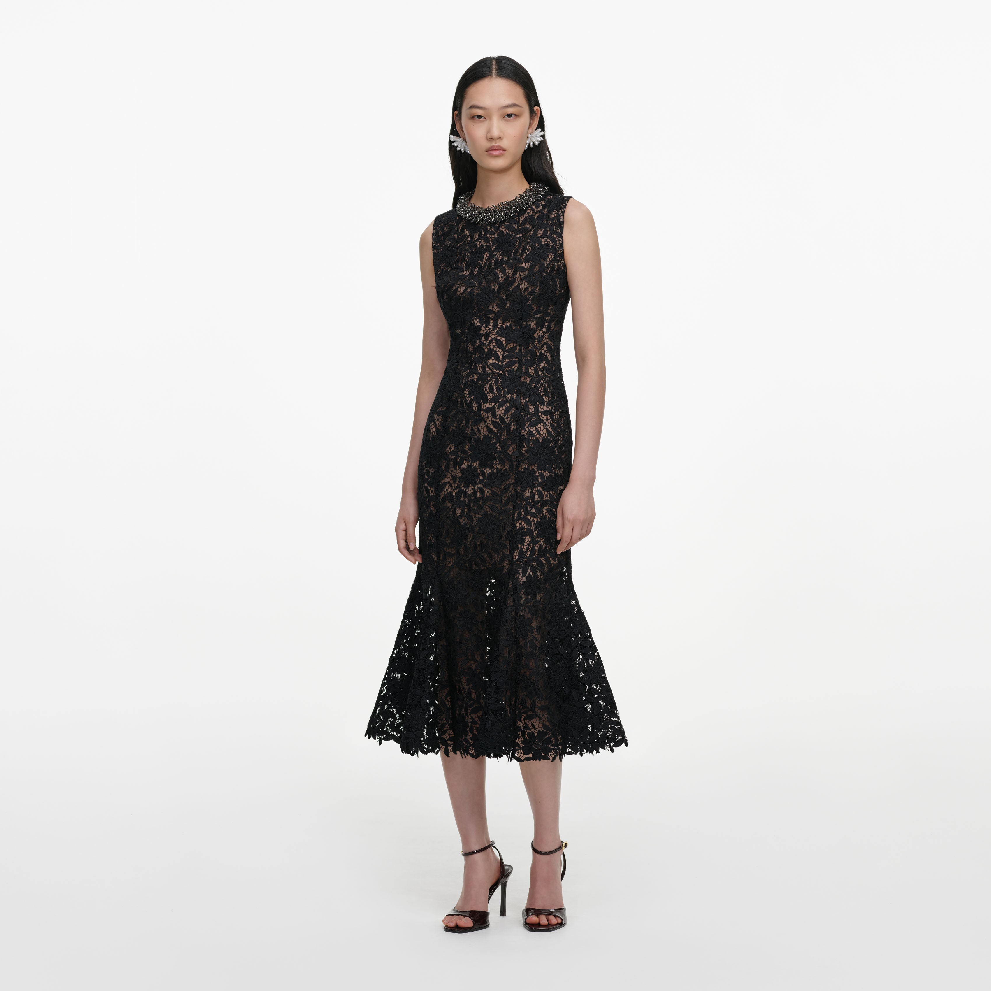 Self Portrait Black Lace Beaded Trim Midikleid Spitze