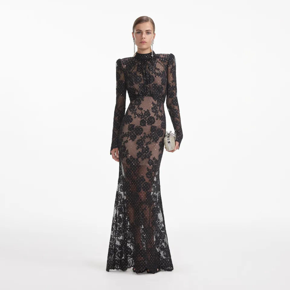 Self Portrait Black Rhinestone Lace Maxi Kleid Schwarz UK 6