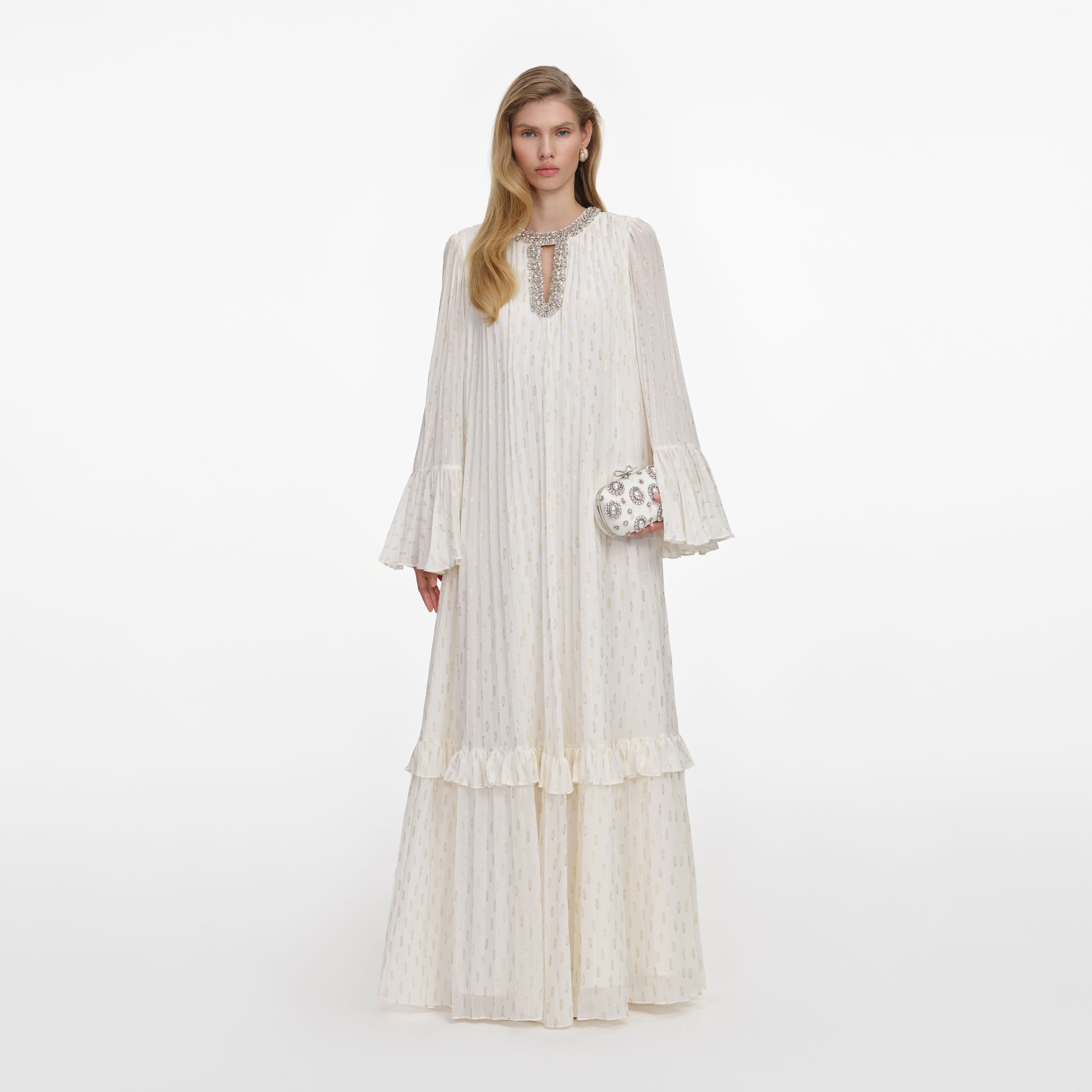 Self Portrait Cream and Gold Chiffon Maxikleid Creme
