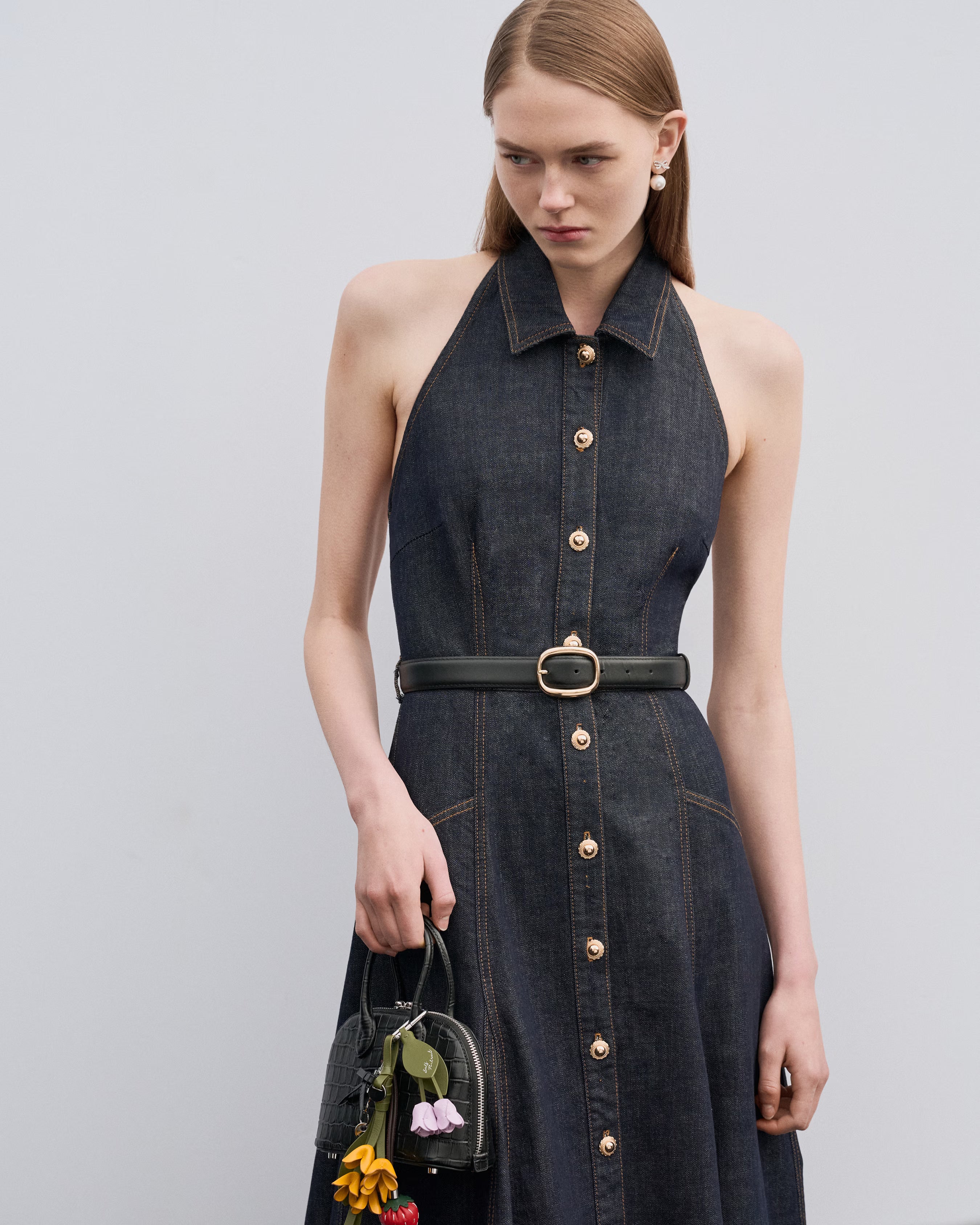 Self Portrait Denim Indigo Halterneck Midikleid UK 6 rückenfrei