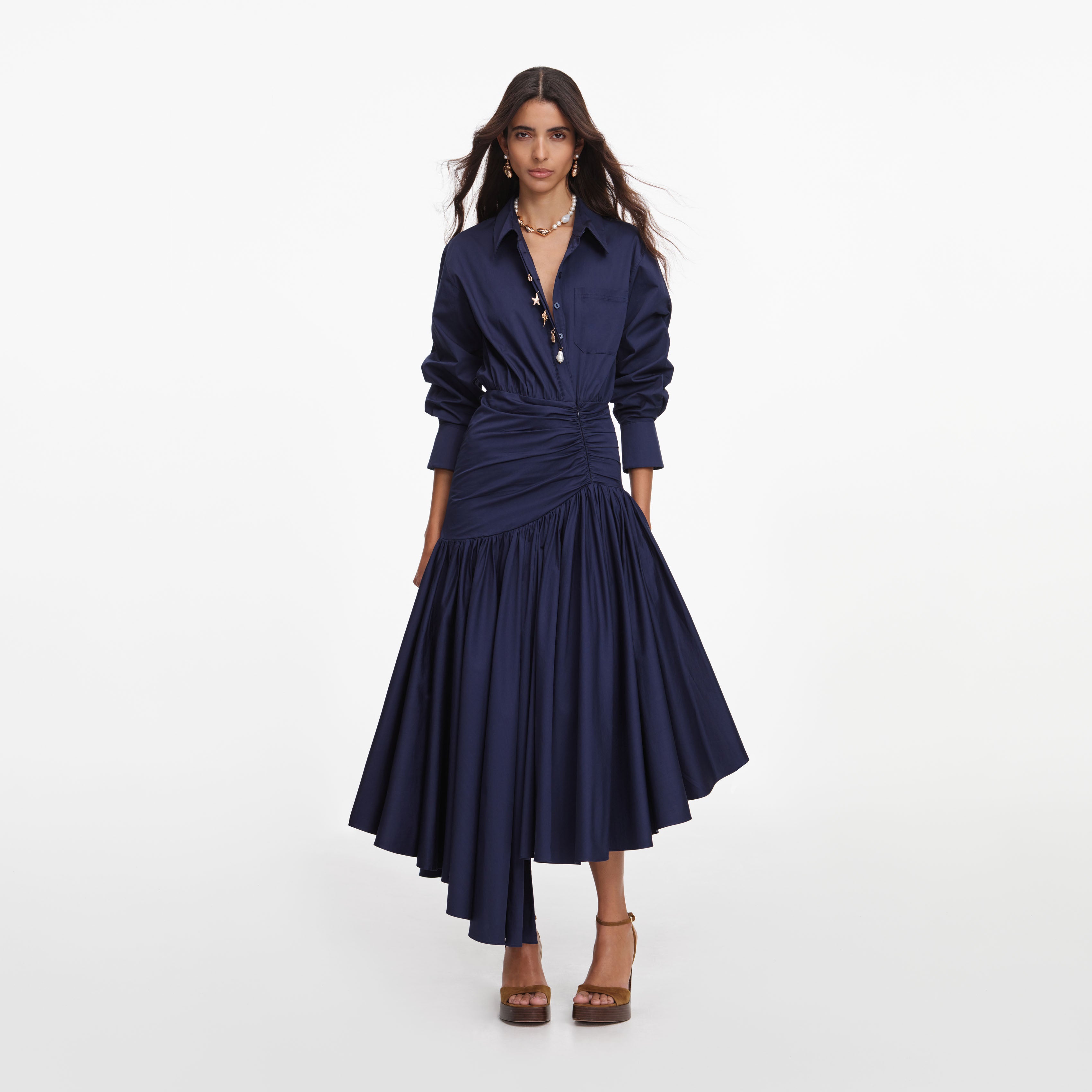 Self Portrait Navy Cotton Asymmetric Midi Kleid UK 8