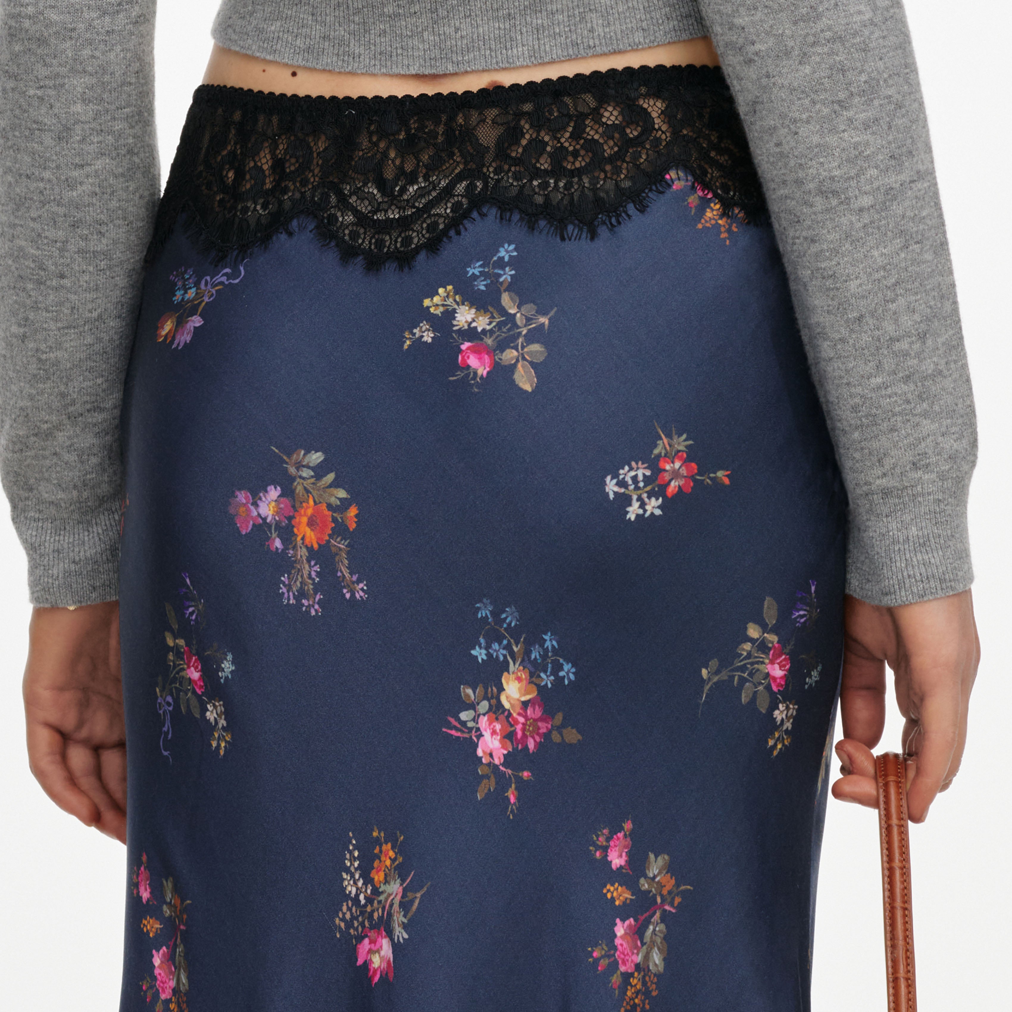 Self Portrait Navy Satin Midirock Blau Spitze Floral