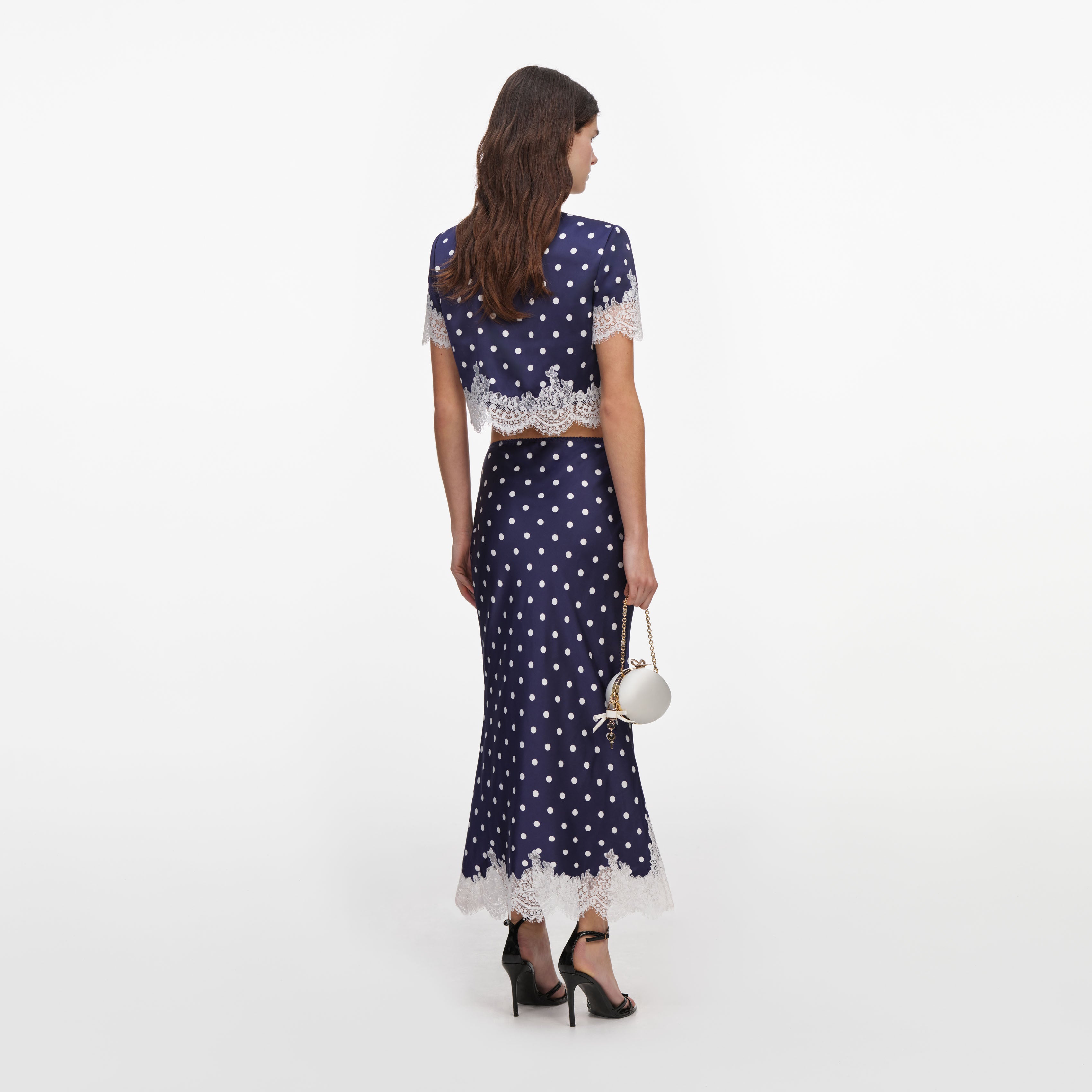 Self Portrait Navy Polka Dot Satin Midirock Navy