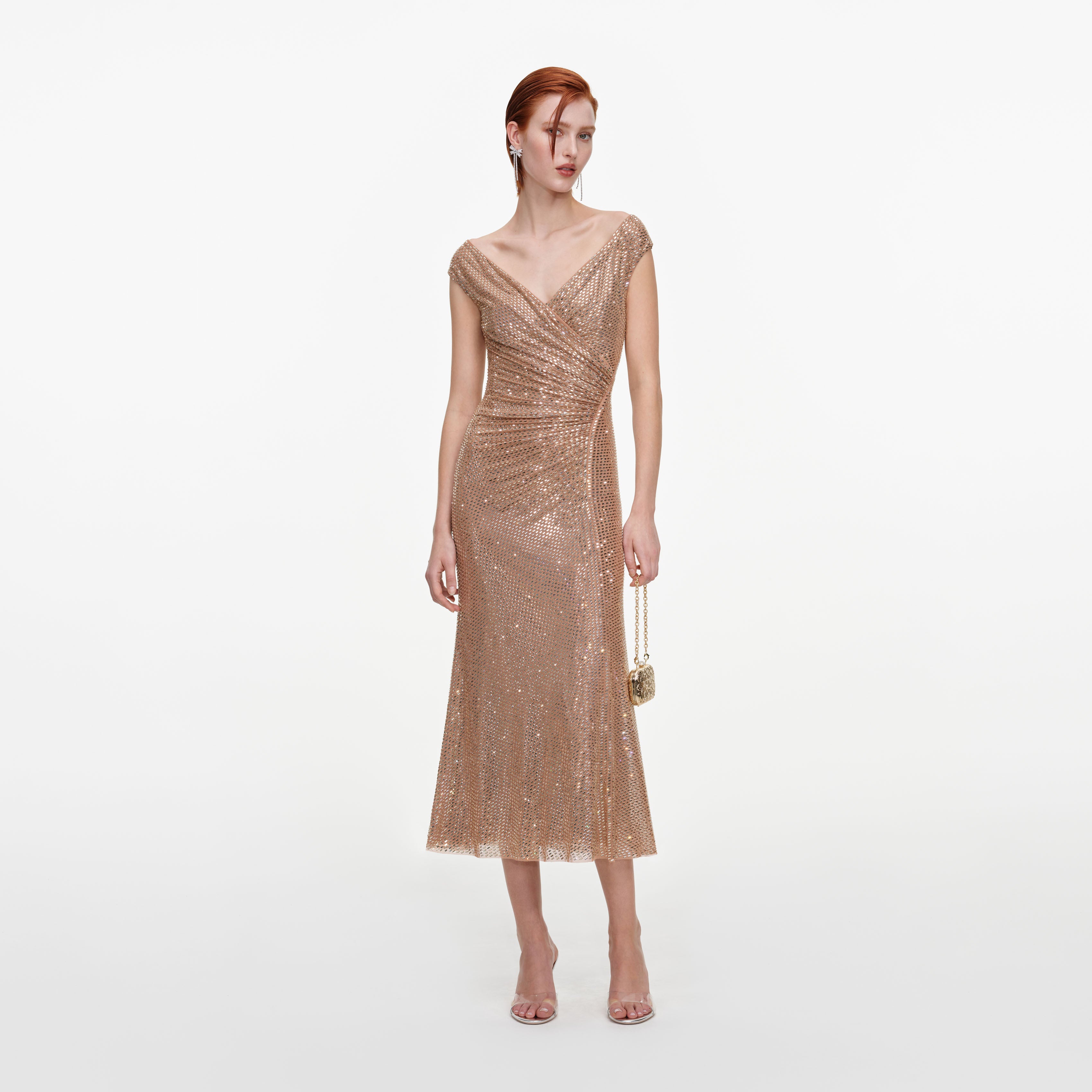 Self Portrait Gold Rhinestone Off-Shoulder Midikleid gold