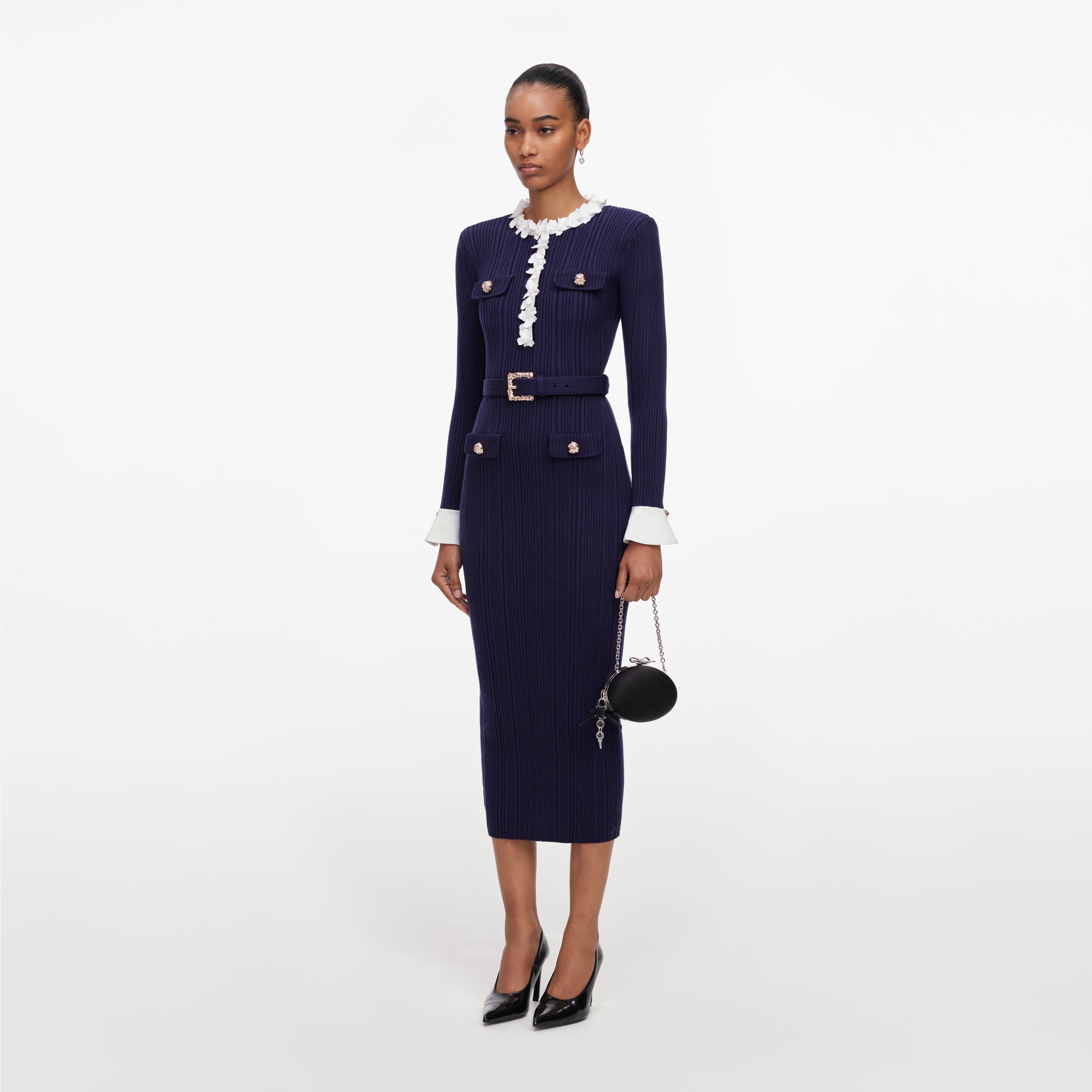 Self Portrait Navy Flower Rib Knit Midi Kleid Navy