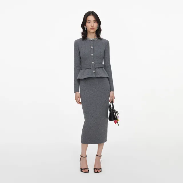 Self Portrait Grey Crystal Trim Midi Kleid Grau Strick Kristall