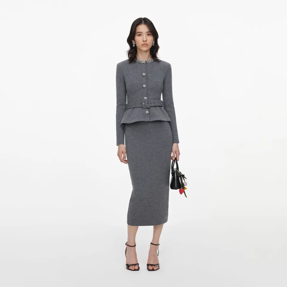 Self Portrait Grey Crystal Trim Midi Kleid Grau Strick Kristall