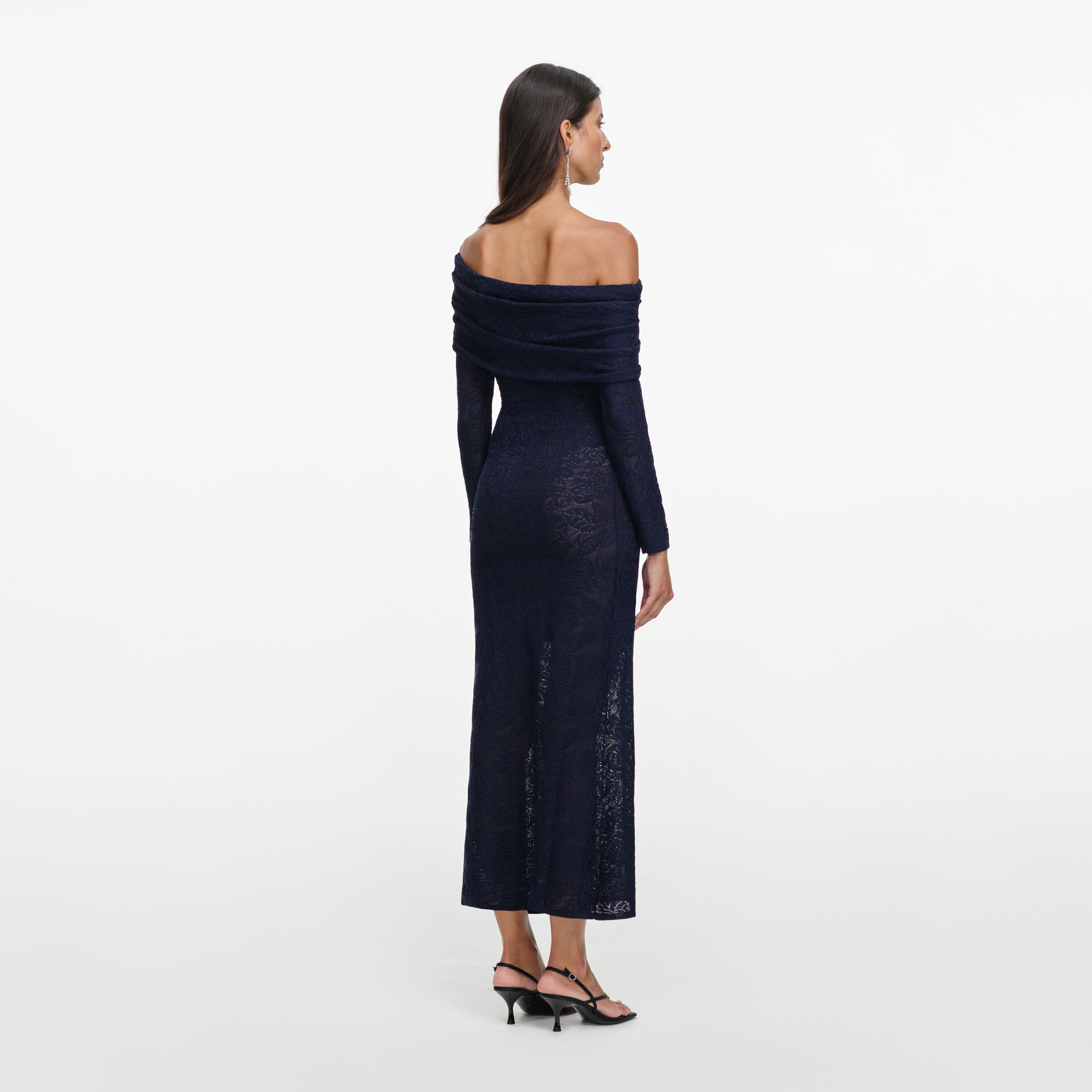 Self Portrait Jacquard Knit Midi Kleid Navy Off-Shoulder