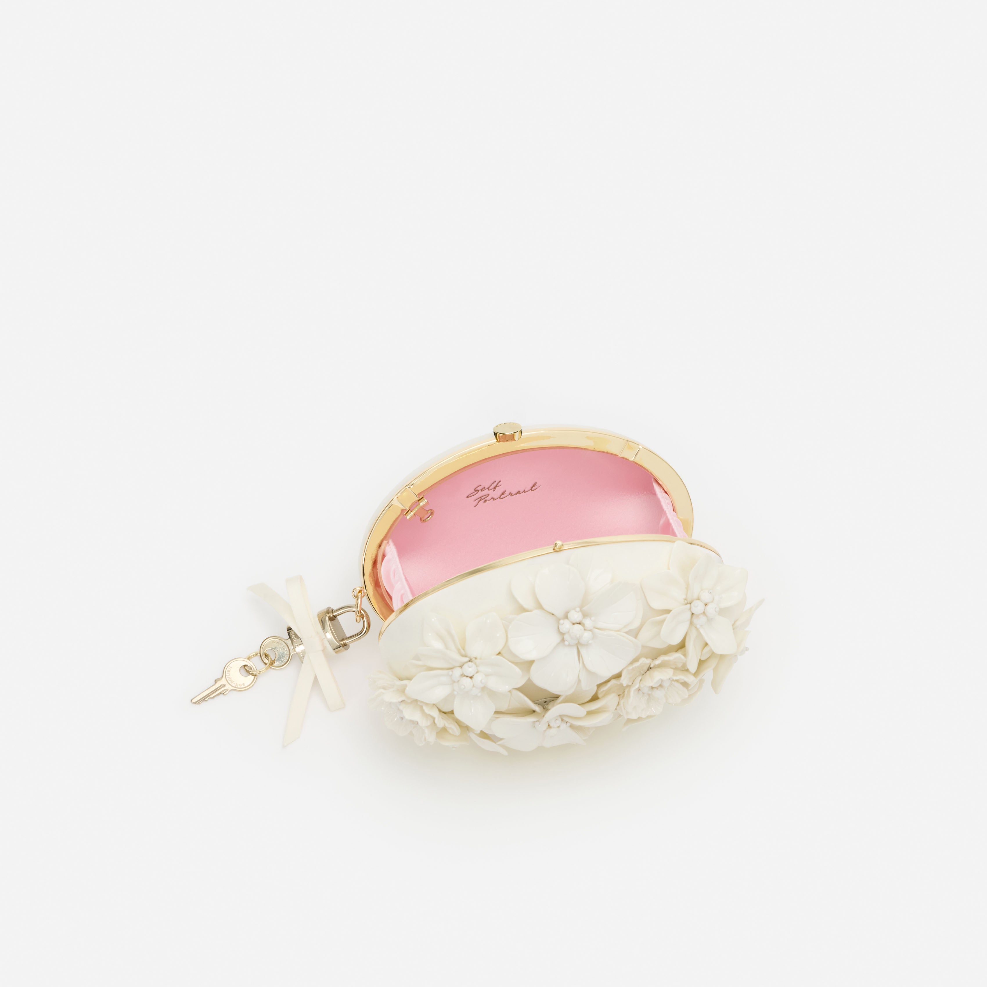 Self Portrait Handbags Satin Clutch Creme Floral Oval One Size