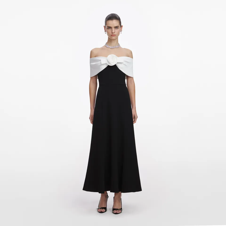 Self Portrait Dresses Flower Midi Kleid Schwarz Crepe Fit-Flare