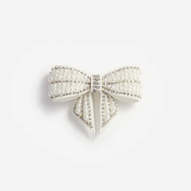 Self Portrait Pearl Crystal Bow Haarclip Creme