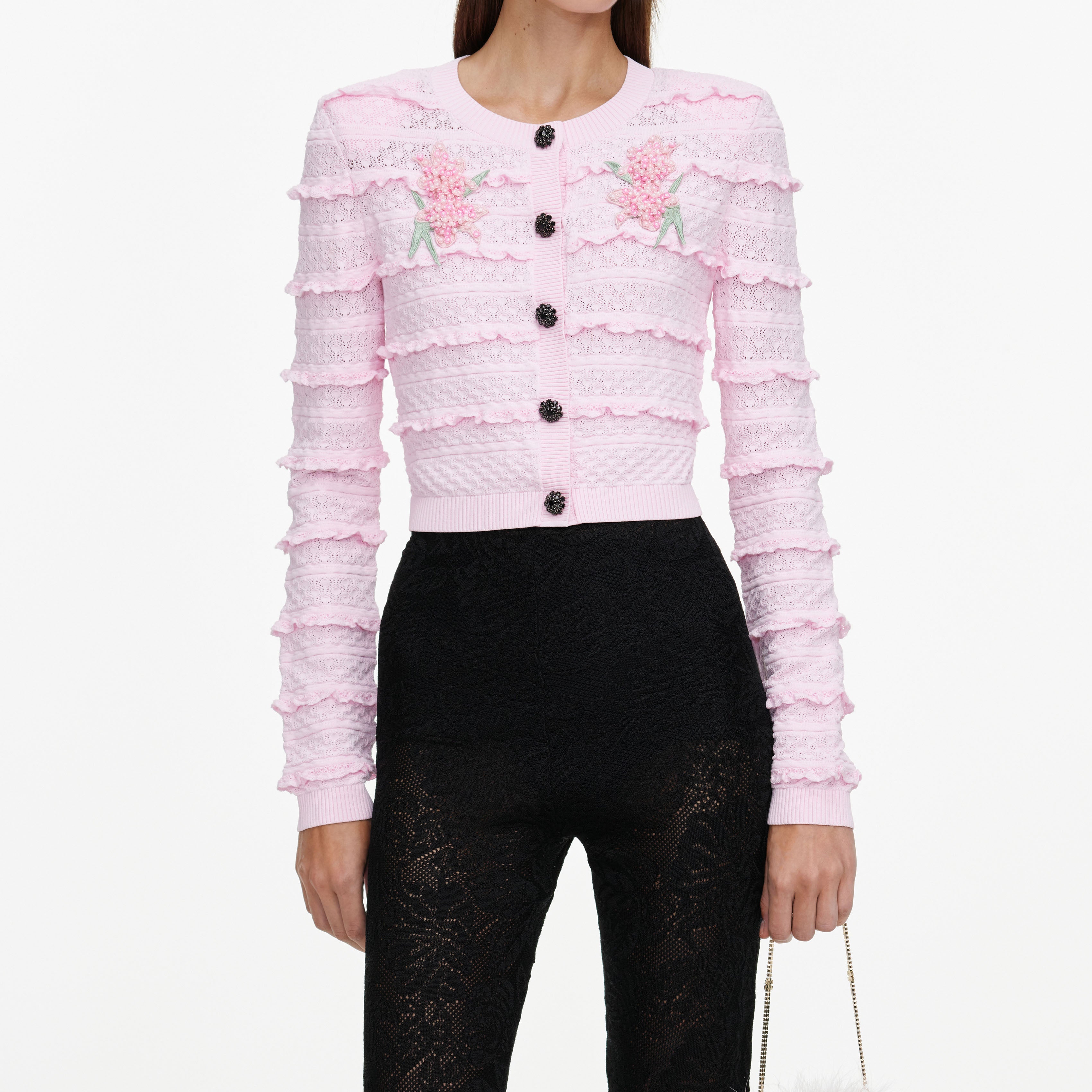 Self Portrait Knitwear Flower Pointelle Strickjacke Rosa