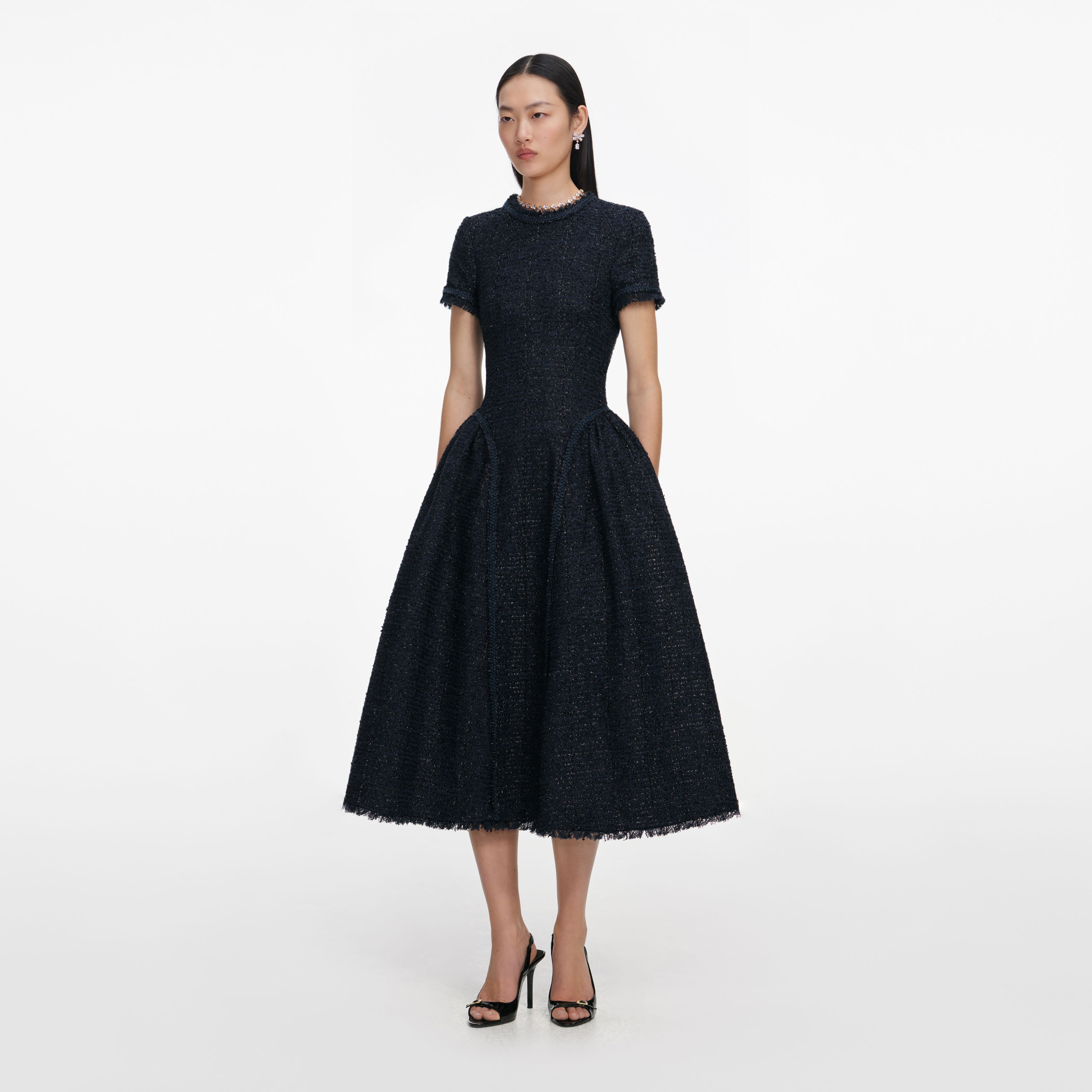 Self Portrait Navy Metallic Boucle Midi Kleid UK 8