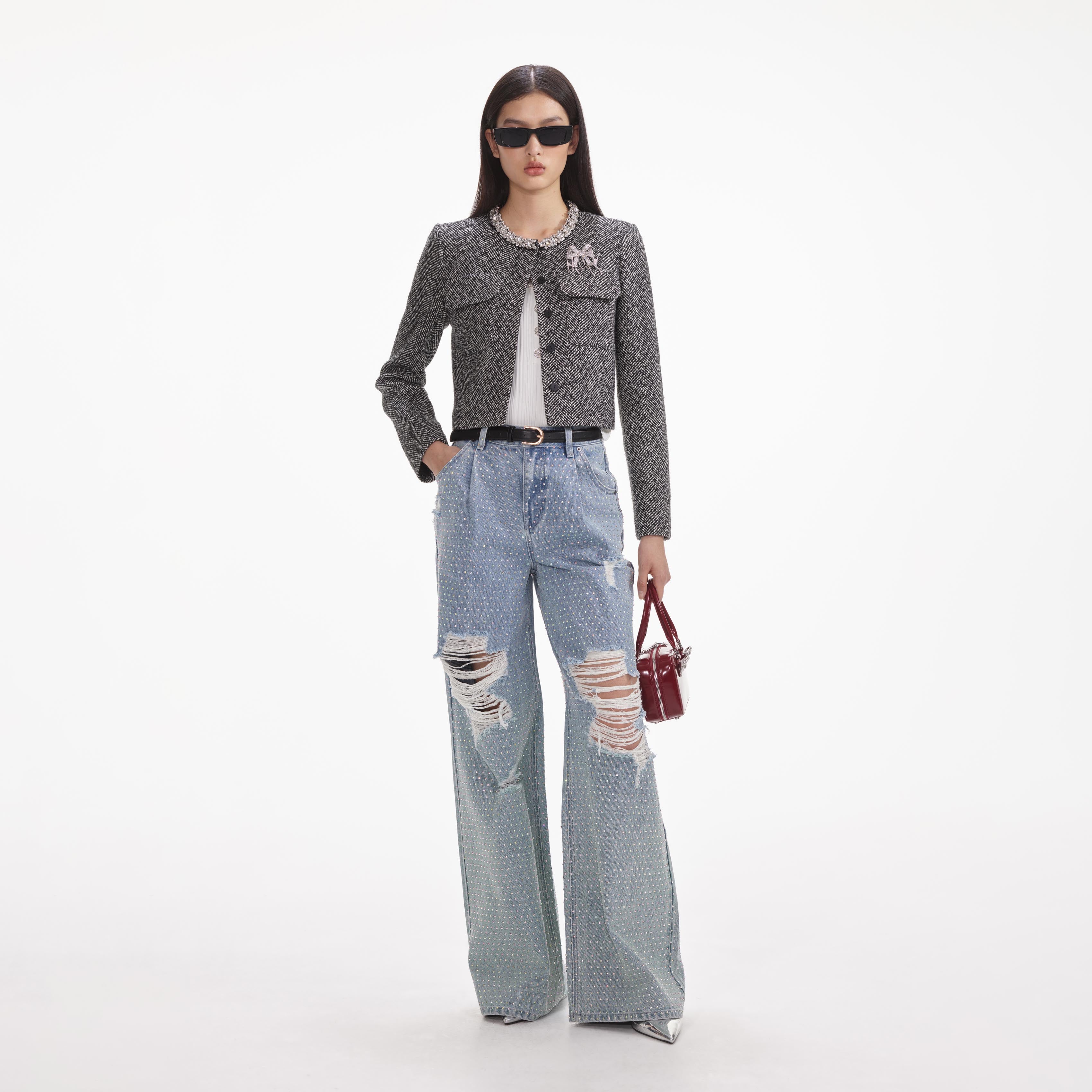 Self Portrait Rhinestone Ombre Distressed Jeans Blau Strass