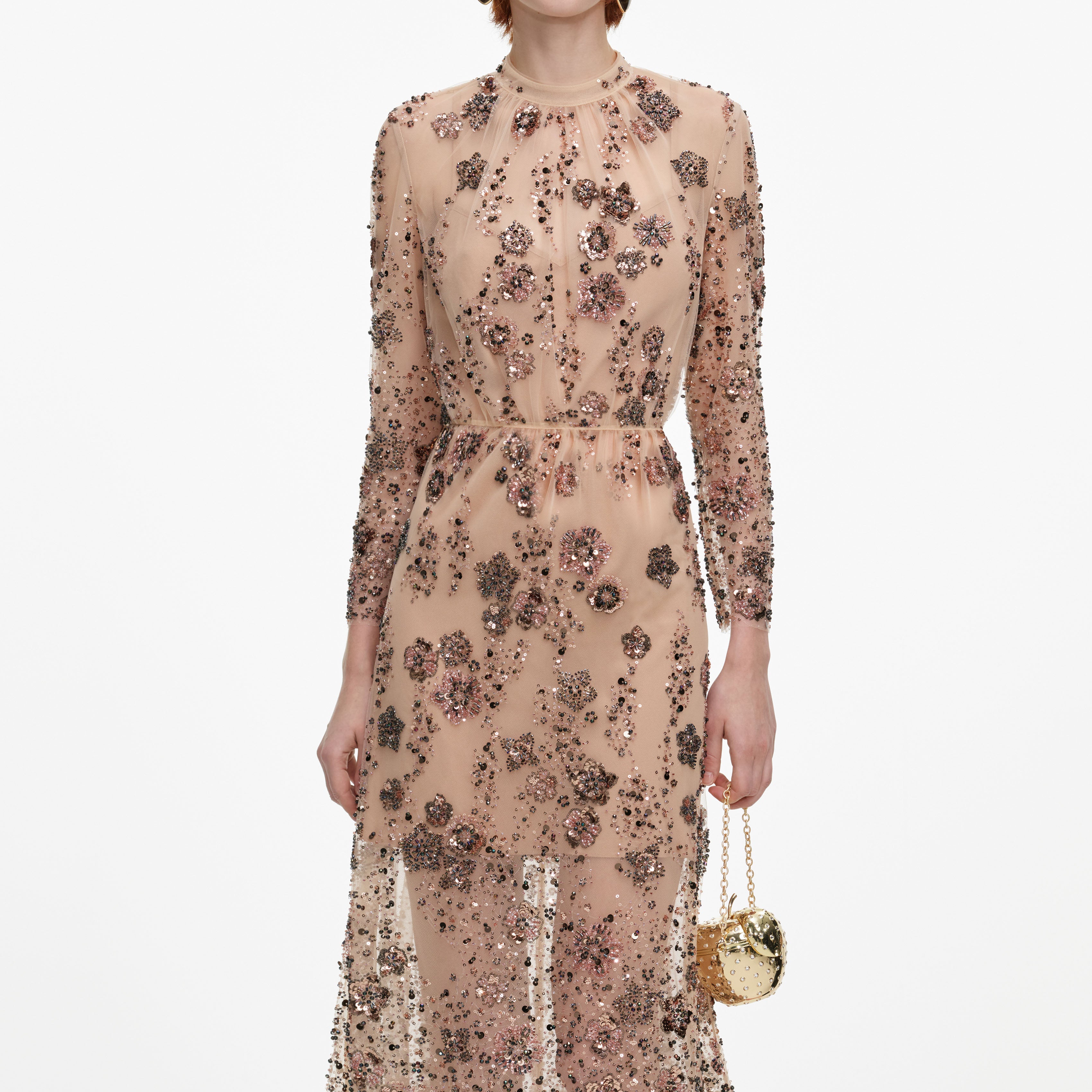 Self Portrait Beige Sequin Midi Kleid Pailletten Abendkleid