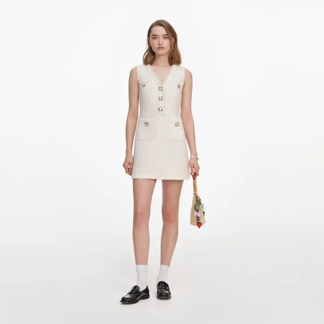 Self Portrait Cream Sleeveless Boucle Mini Kleid Creme