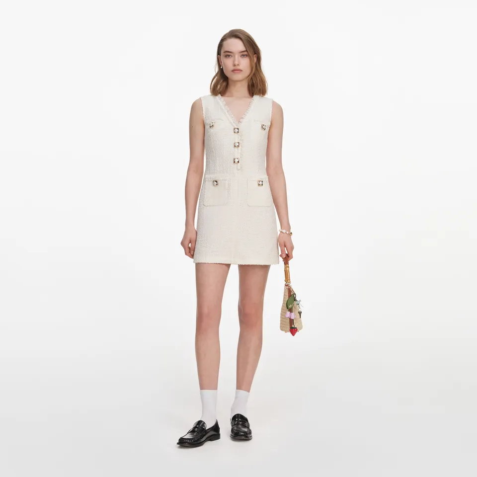 Self Portrait Cream Sleeveless Boucle Mini Kleid Creme
