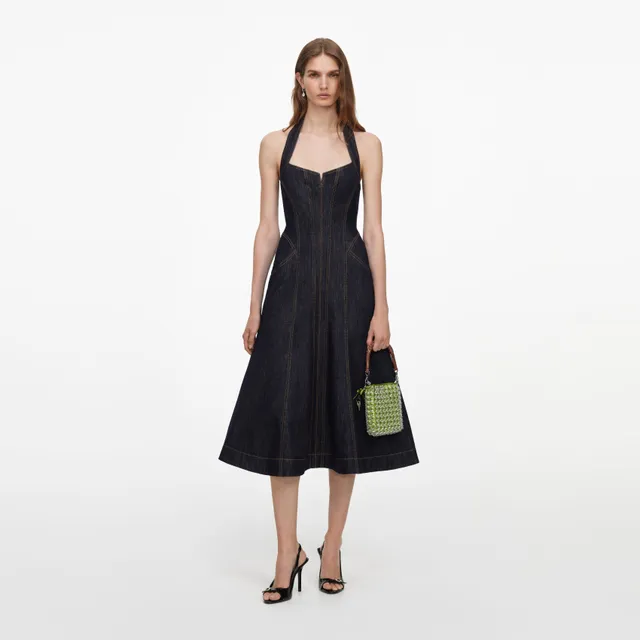 Self Portrait Halterneck Midikleid Indigo Denim Blau