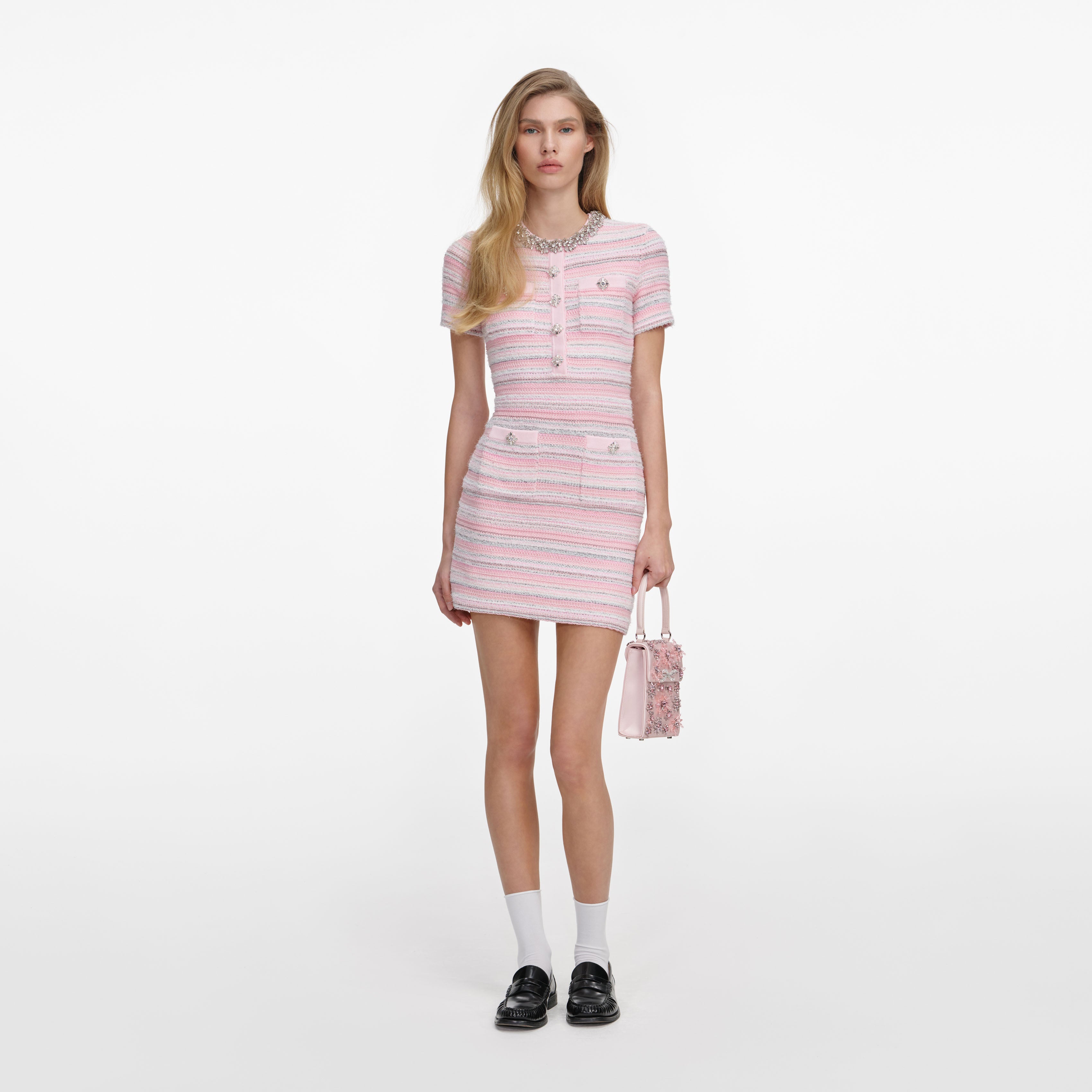 Self Portrait Pink Textured Knit Mini Dress Minikleid rosa