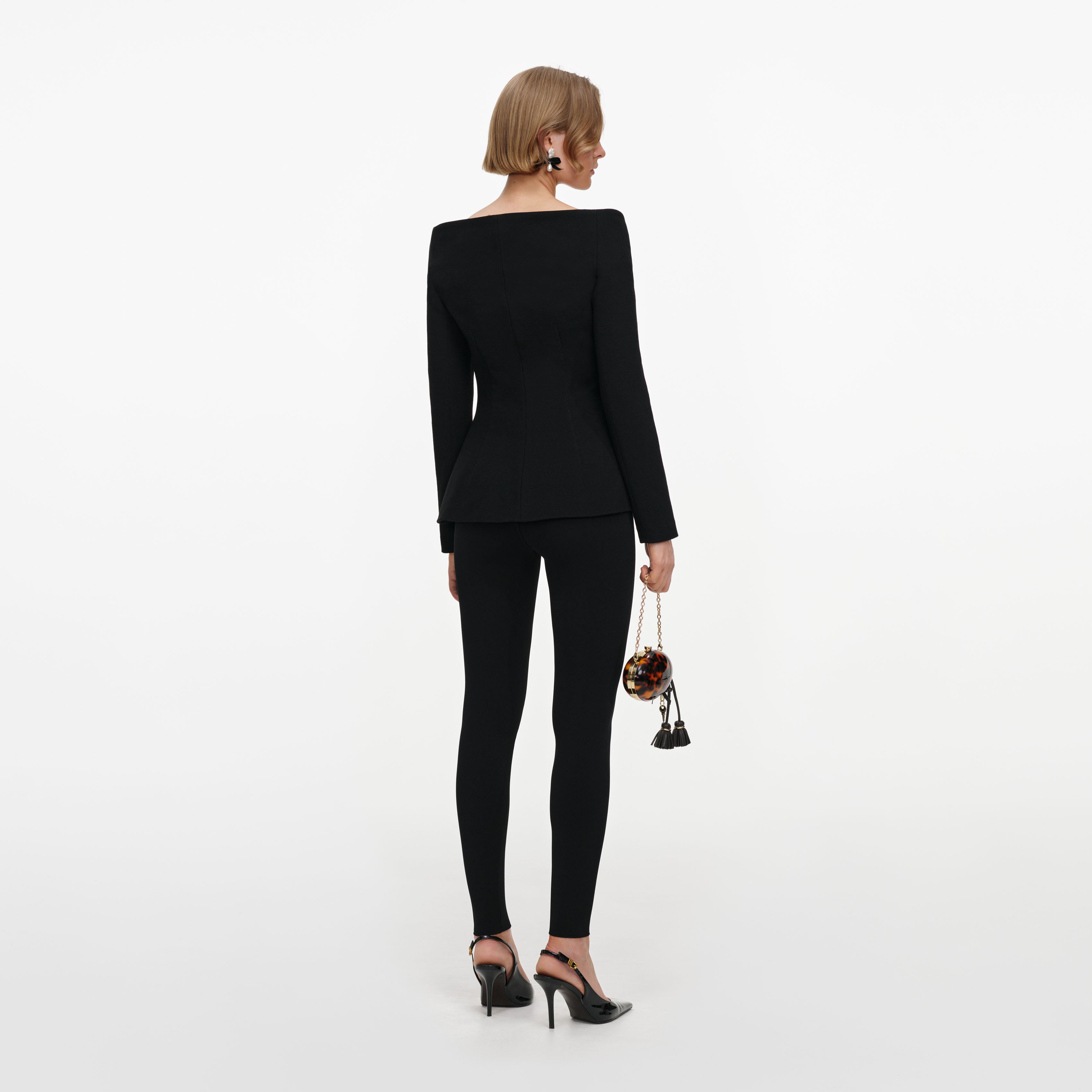 Self Portrait Jacket Schwarz Woll-Crepe Off-Shoulder Peplum