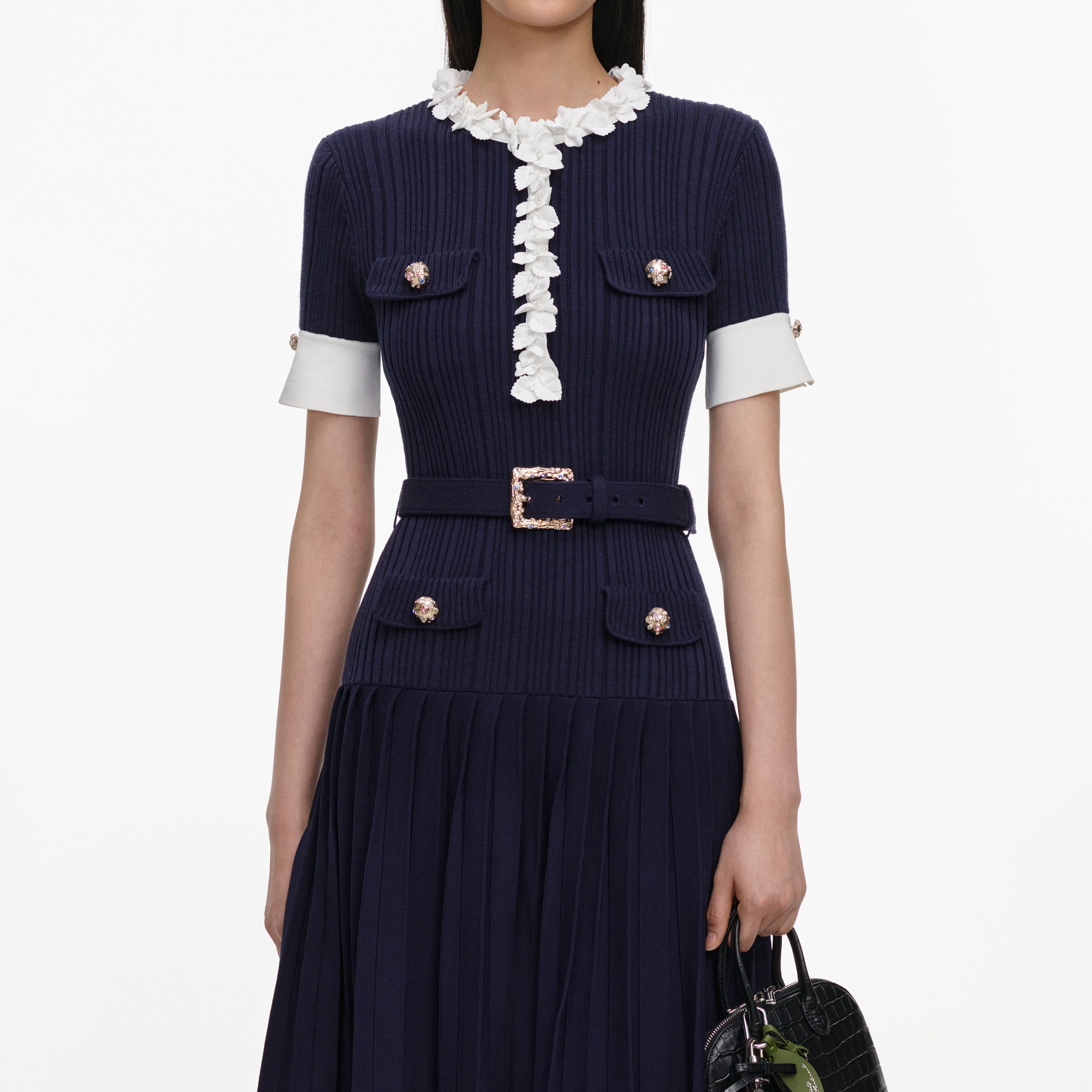 Self Portrait Navy Rib Knit Midi Dress Strickkleid Navy